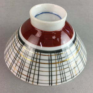 Japanese Porcelain Rice Bowl Vtg Chawan Plaid Black Gold Red PP277