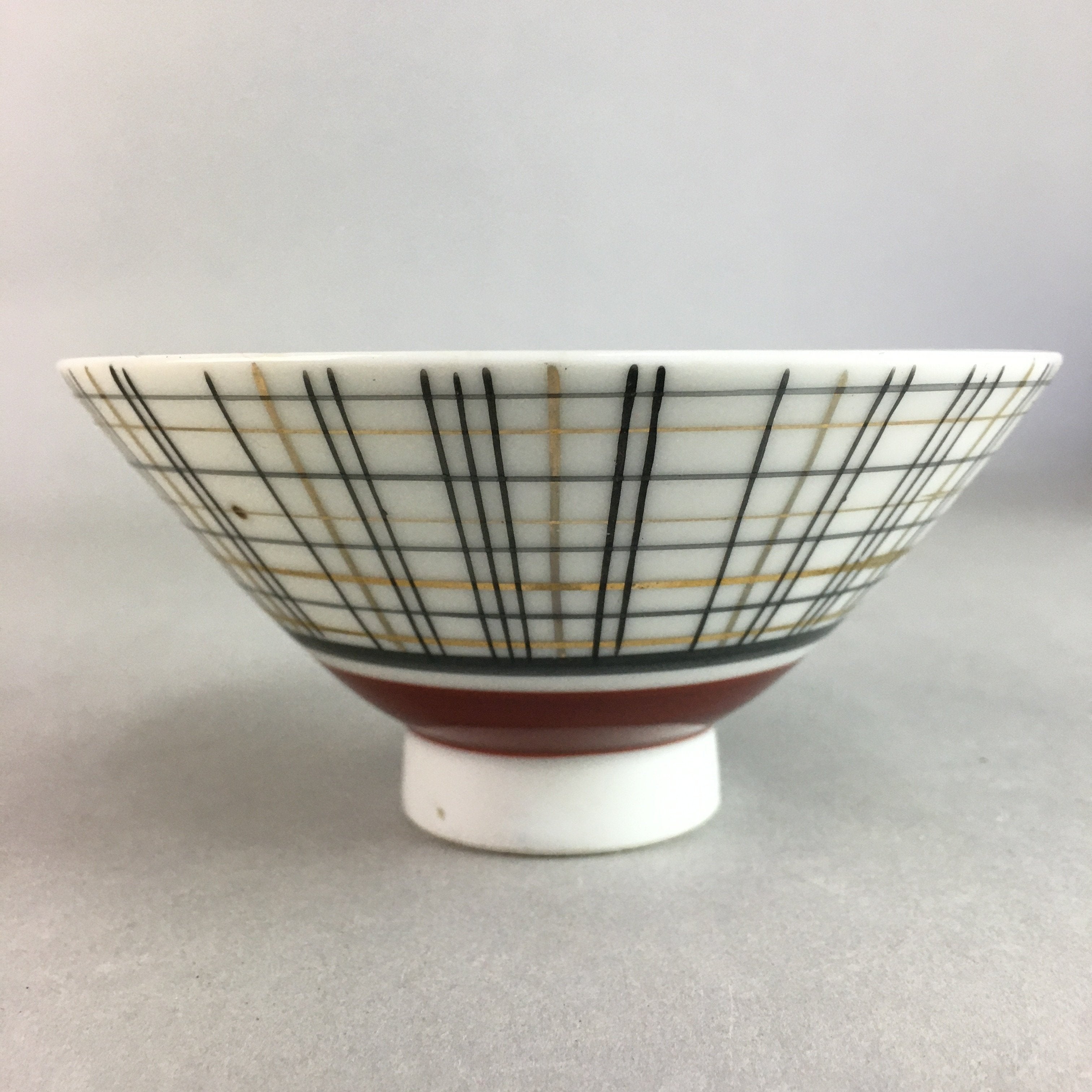 Japanese Porcelain Rice Bowl Vtg Chawan Plaid Black Gold Red PP277