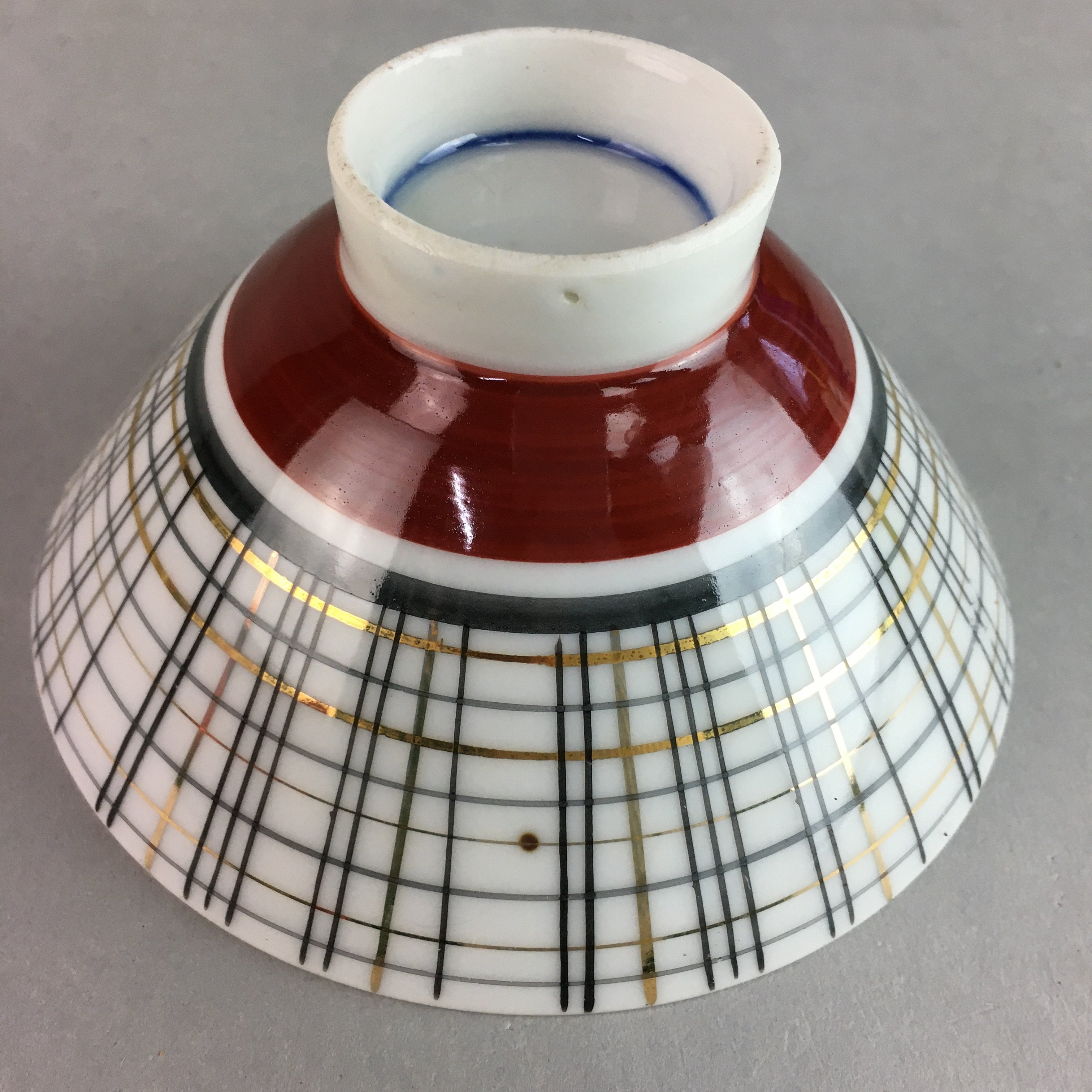 Japanese Porcelain Rice Bowl Vtg Chawan Plaid Black Gold Red PP277