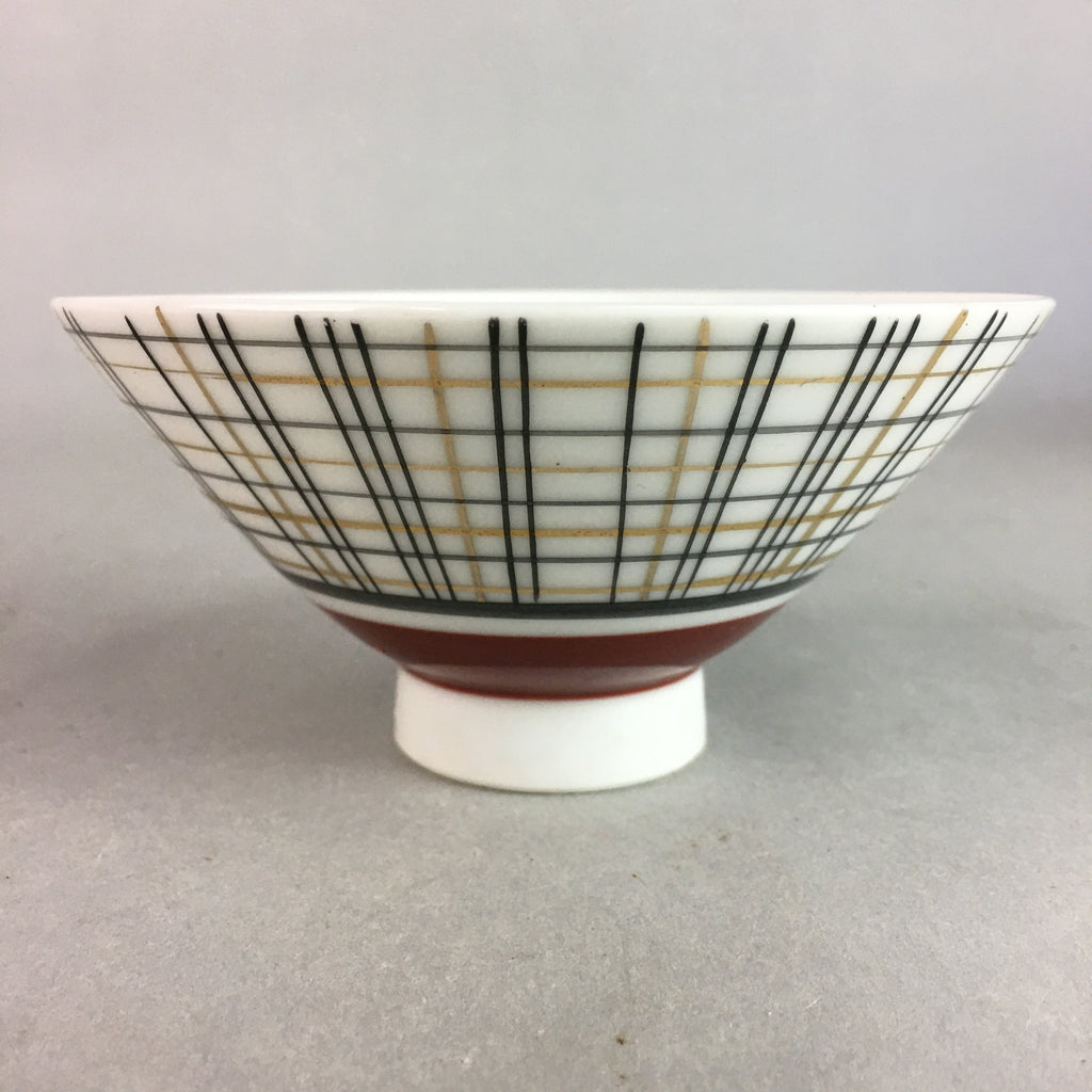 Japanese Porcelain Rice Bowl Vtg Chawan Plaid Black Gold Red PP277