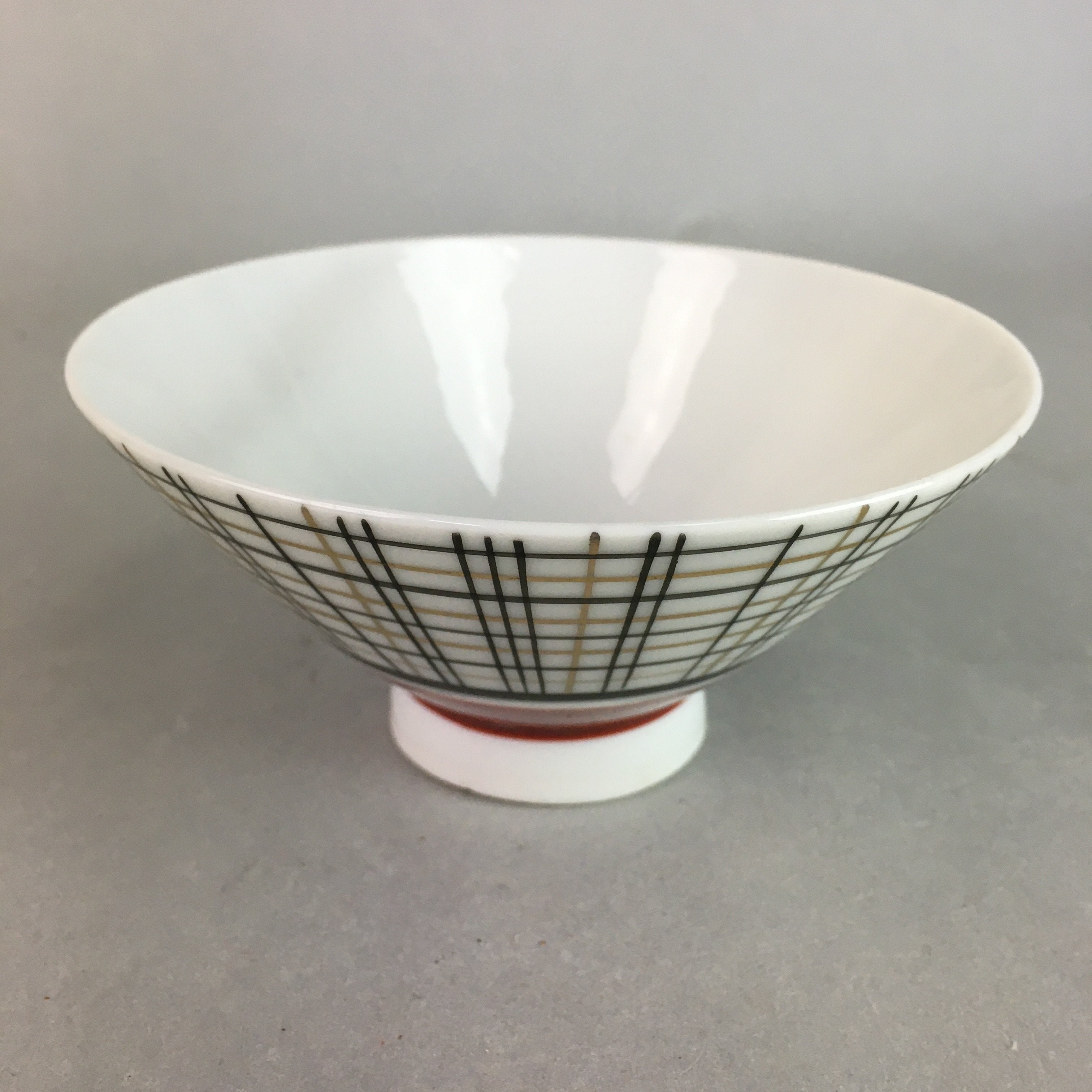 Japanese Porcelain Rice Bowl Vtg Chawan Plaid Black Gold Red PP278