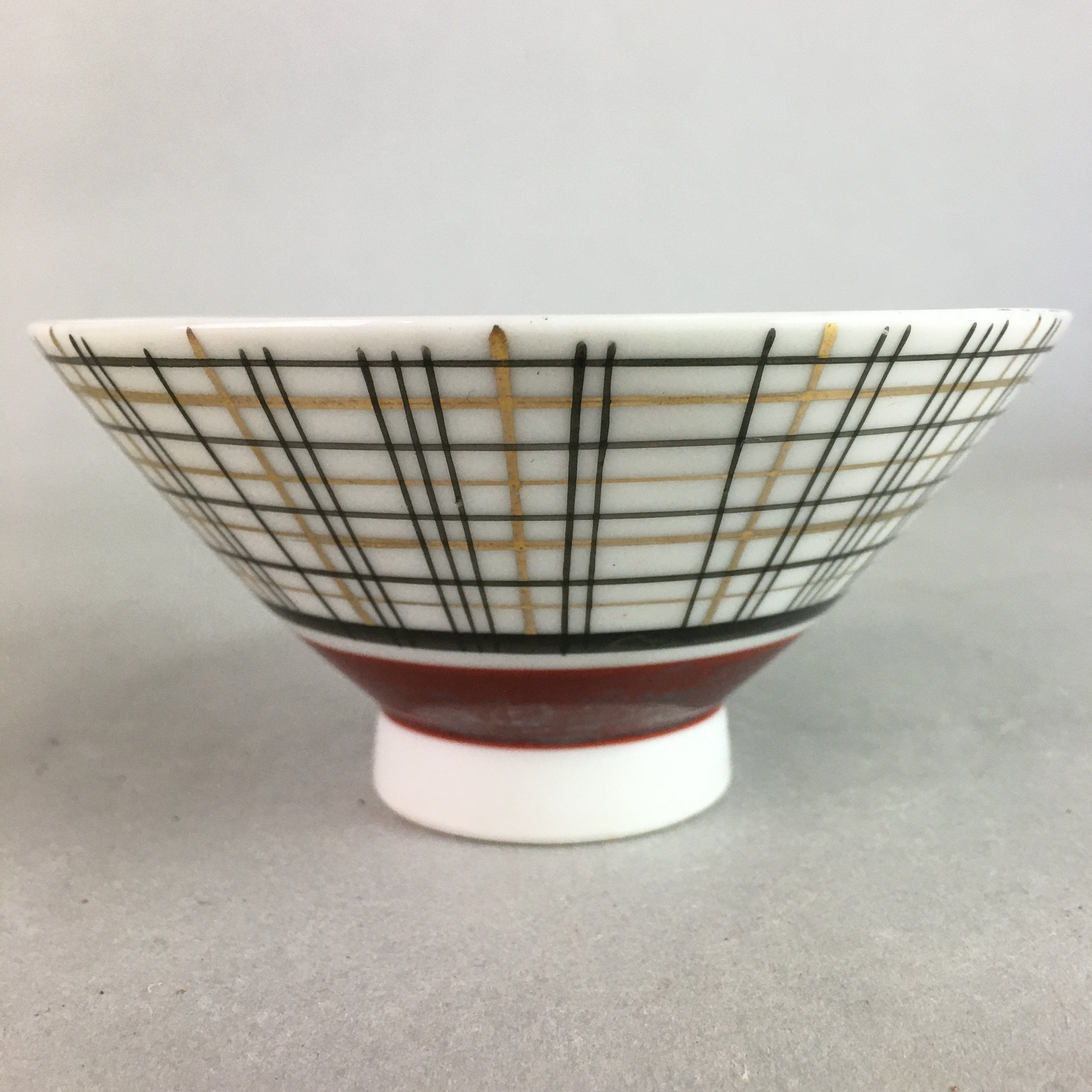 Japanese Porcelain Rice Bowl Vtg Chawan Plaid Black Gold Red PP278