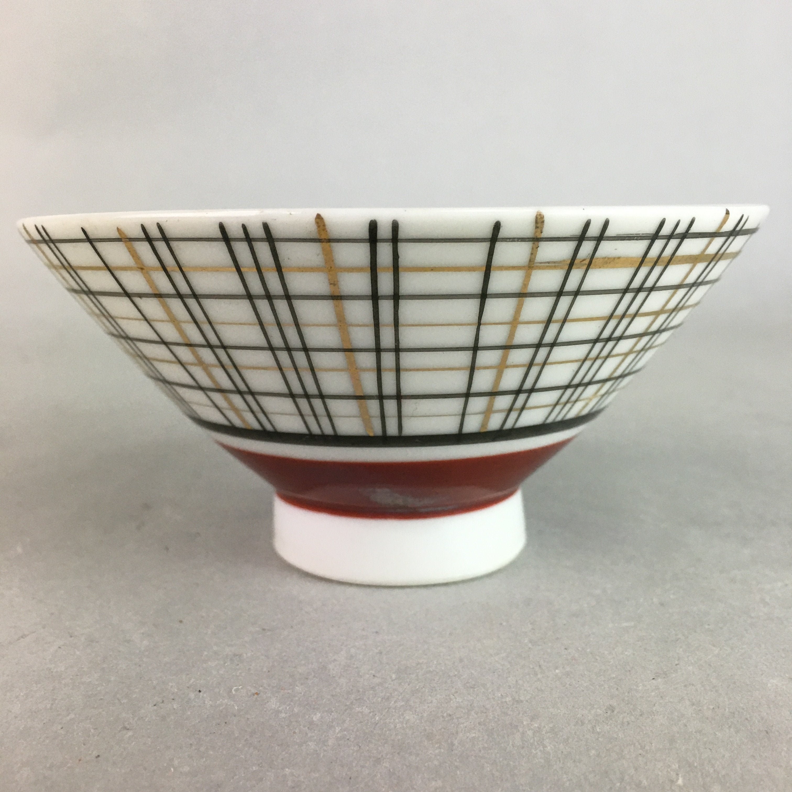 Japanese Porcelain Rice Bowl Vtg Chawan Plaid Black Gold Red PP278