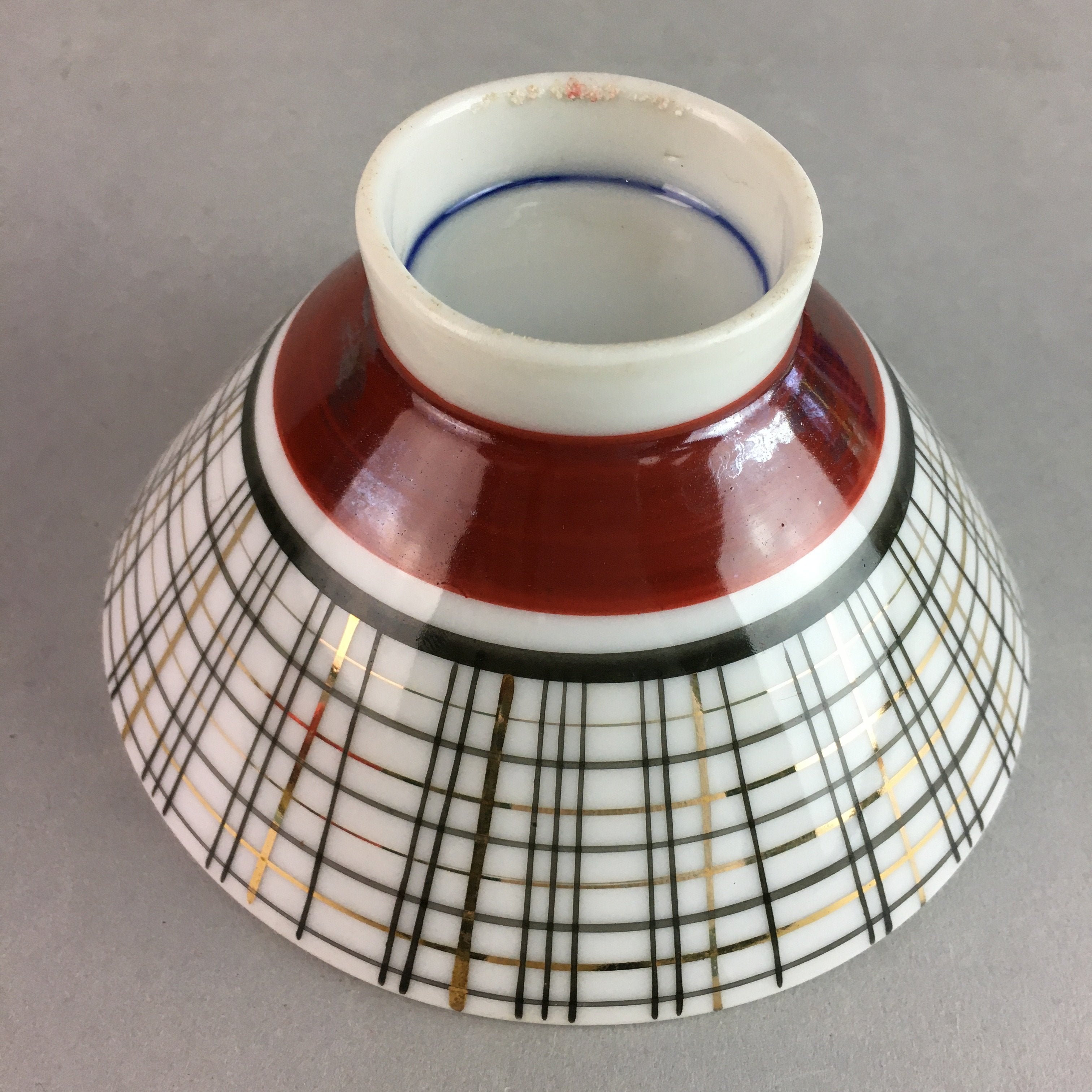 Japanese Porcelain Rice Bowl Vtg Chawan Plaid Black Gold Red PP278