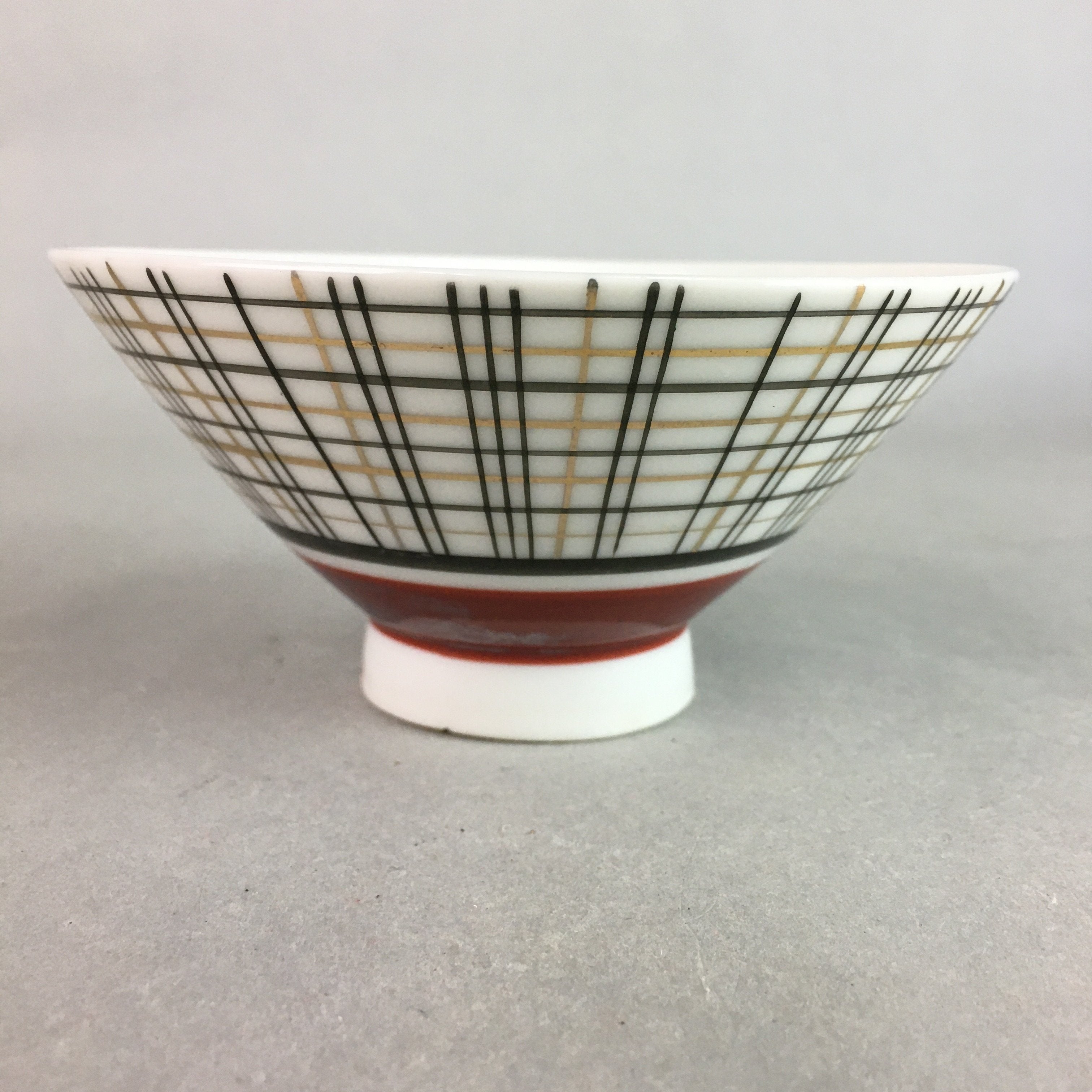 Japanese Porcelain Rice Bowl Vtg Chawan Plaid Black Gold Red PP278