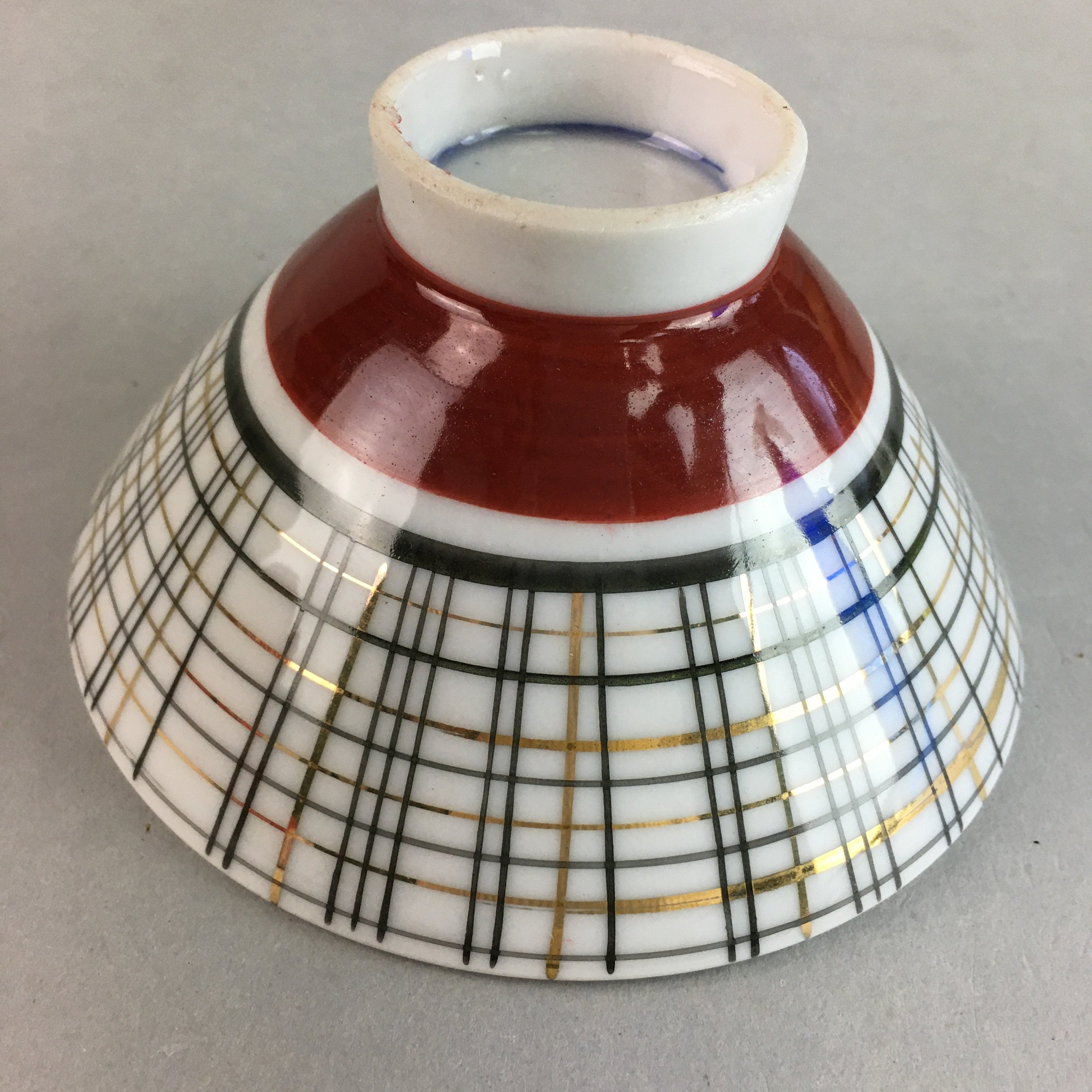 Japanese Porcelain Rice Bowl Vtg Chawan Plaid Black Gold Red PP279