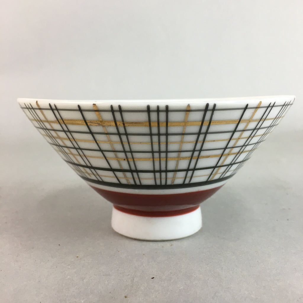 Japanese Porcelain Rice Bowl Vtg Chawan Plaid Black Gold Red PP279