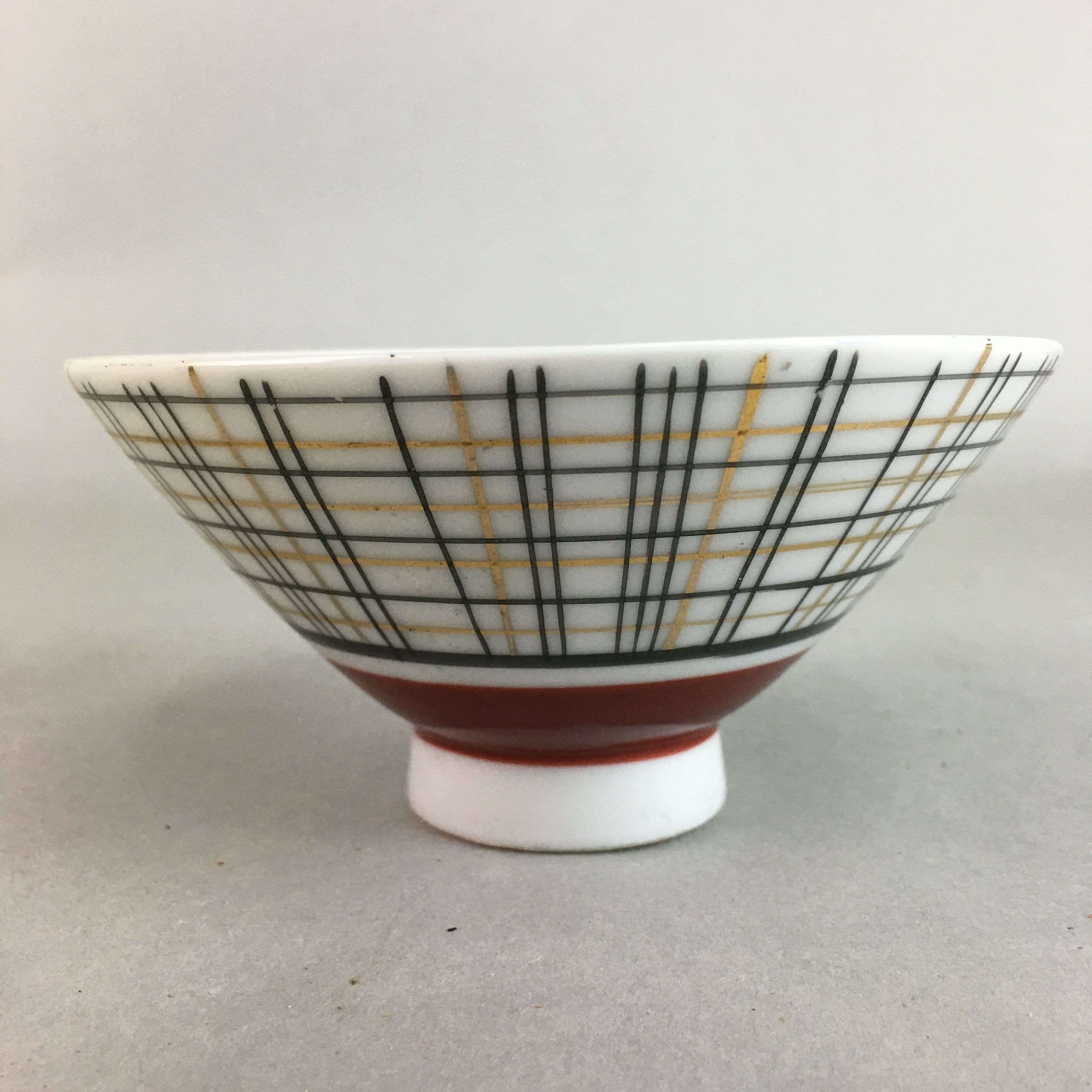 Japanese Porcelain Rice Bowl Vtg Chawan Plaid Black Gold Red PP279