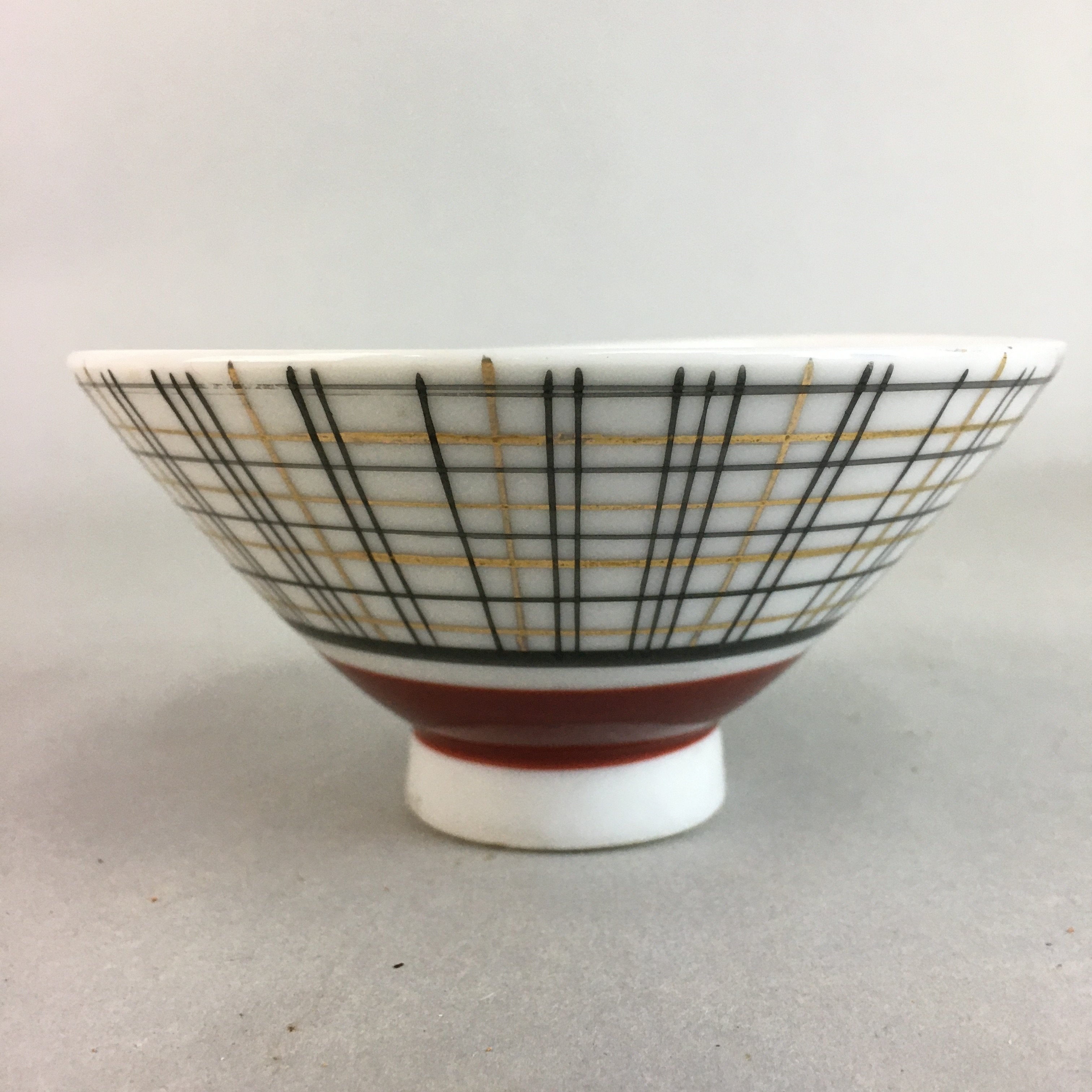 Japanese Porcelain Rice Bowl Vtg Chawan Plaid Black Gold Red PP279