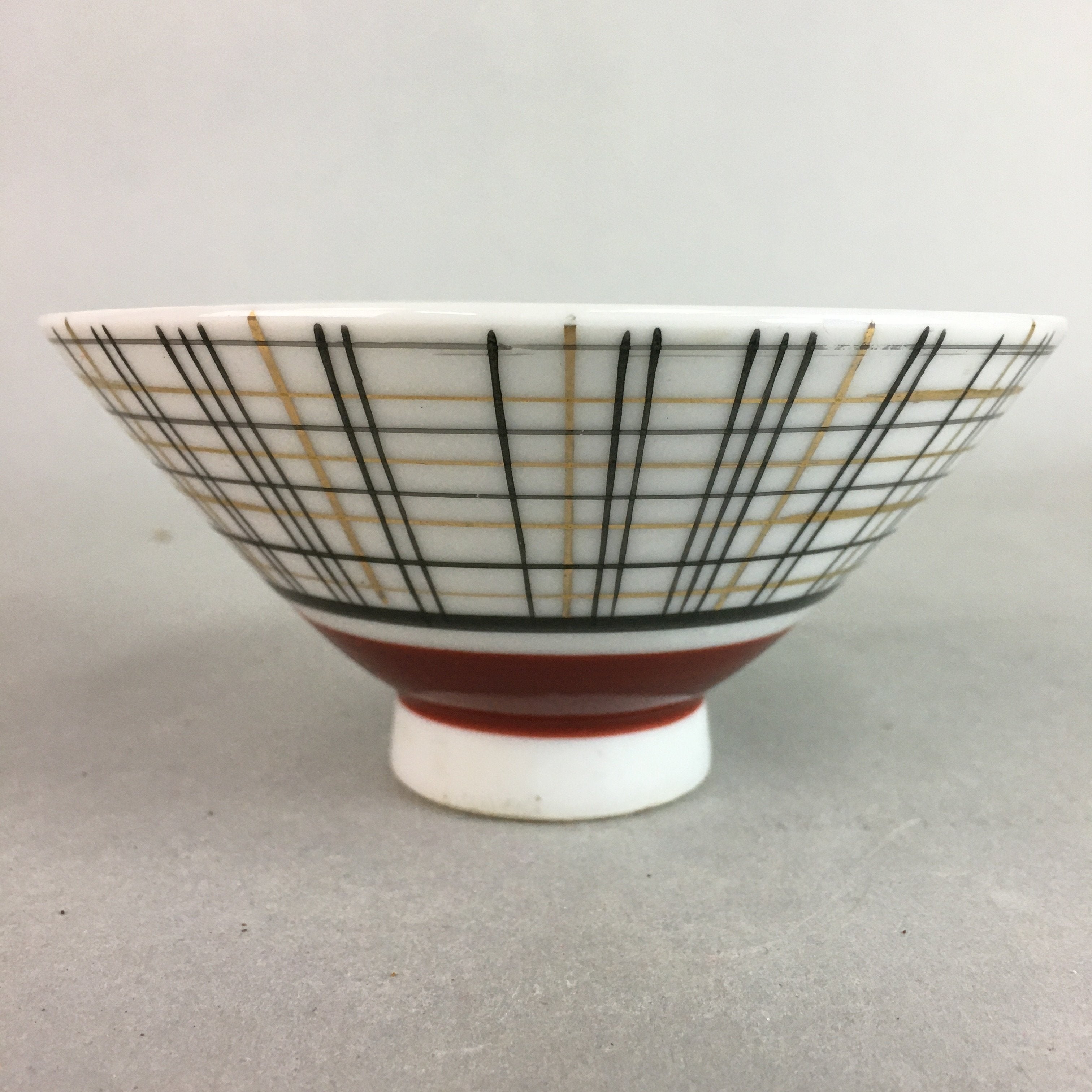 Japanese Porcelain Rice Bowl Vtg Chawan Plaid Black Gold Red PP279