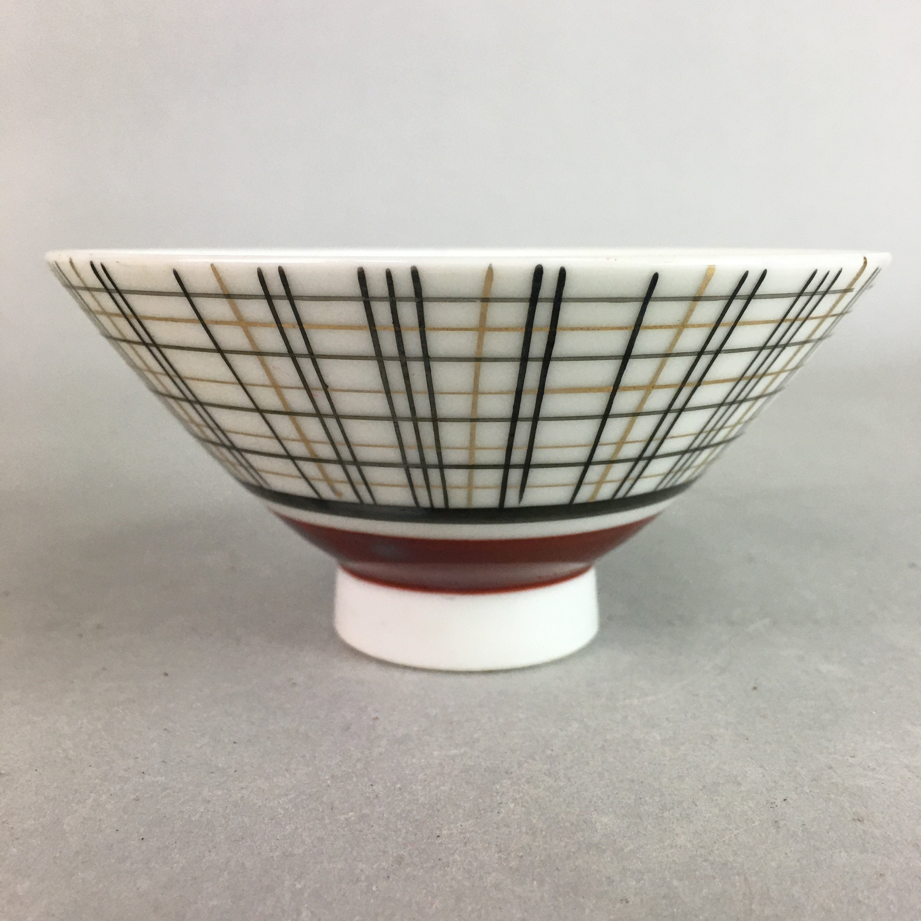 Japanese Porcelain Rice Bowl Vtg Chawan Plaid Black Gold Red PP280