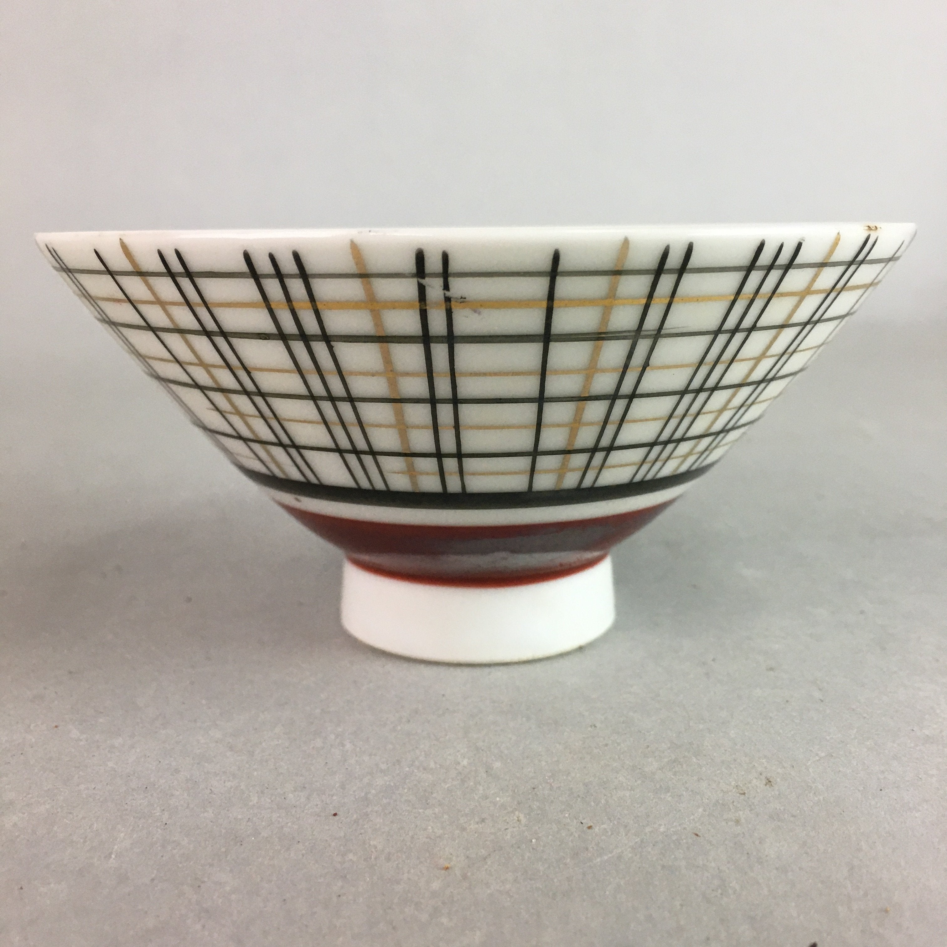 Japanese Porcelain Rice Bowl Vtg Chawan Plaid Black Gold Red PP280