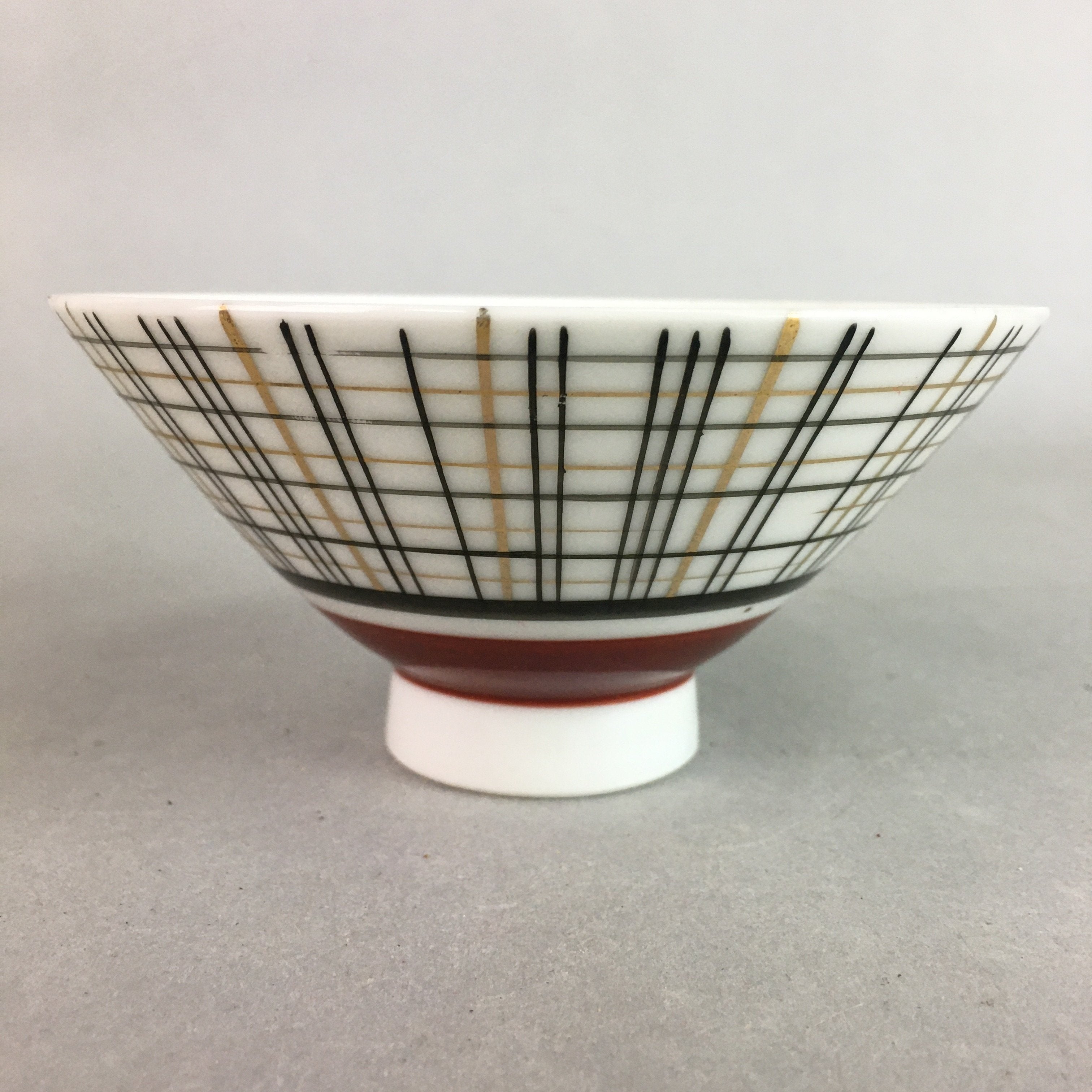 Japanese Porcelain Rice Bowl Vtg Chawan Plaid Black Gold Red PP280