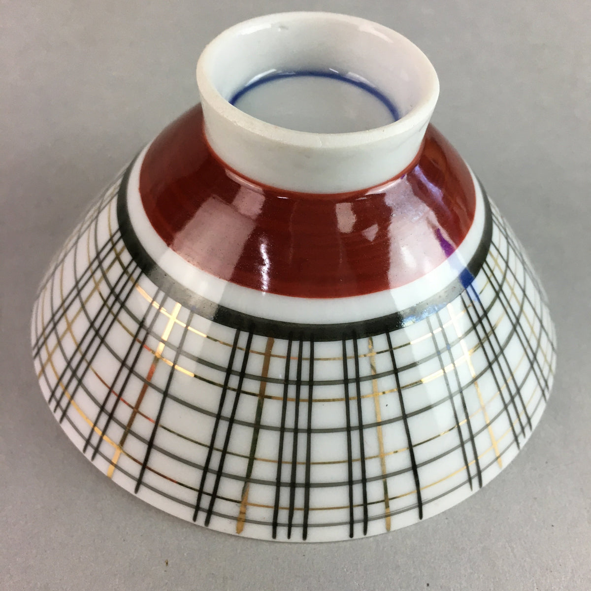 Japanese Porcelain Rice Bowl Vtg Chawan Plaid Black Gold Red PP281