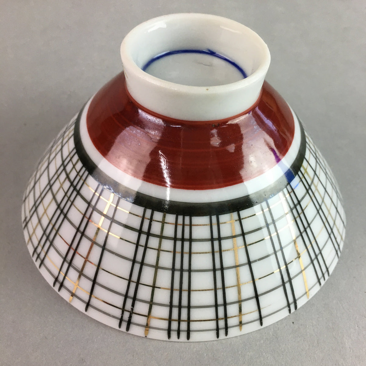 Japanese Porcelain Rice Bowl Vtg Chawan Plaid Black Gold Red PP281