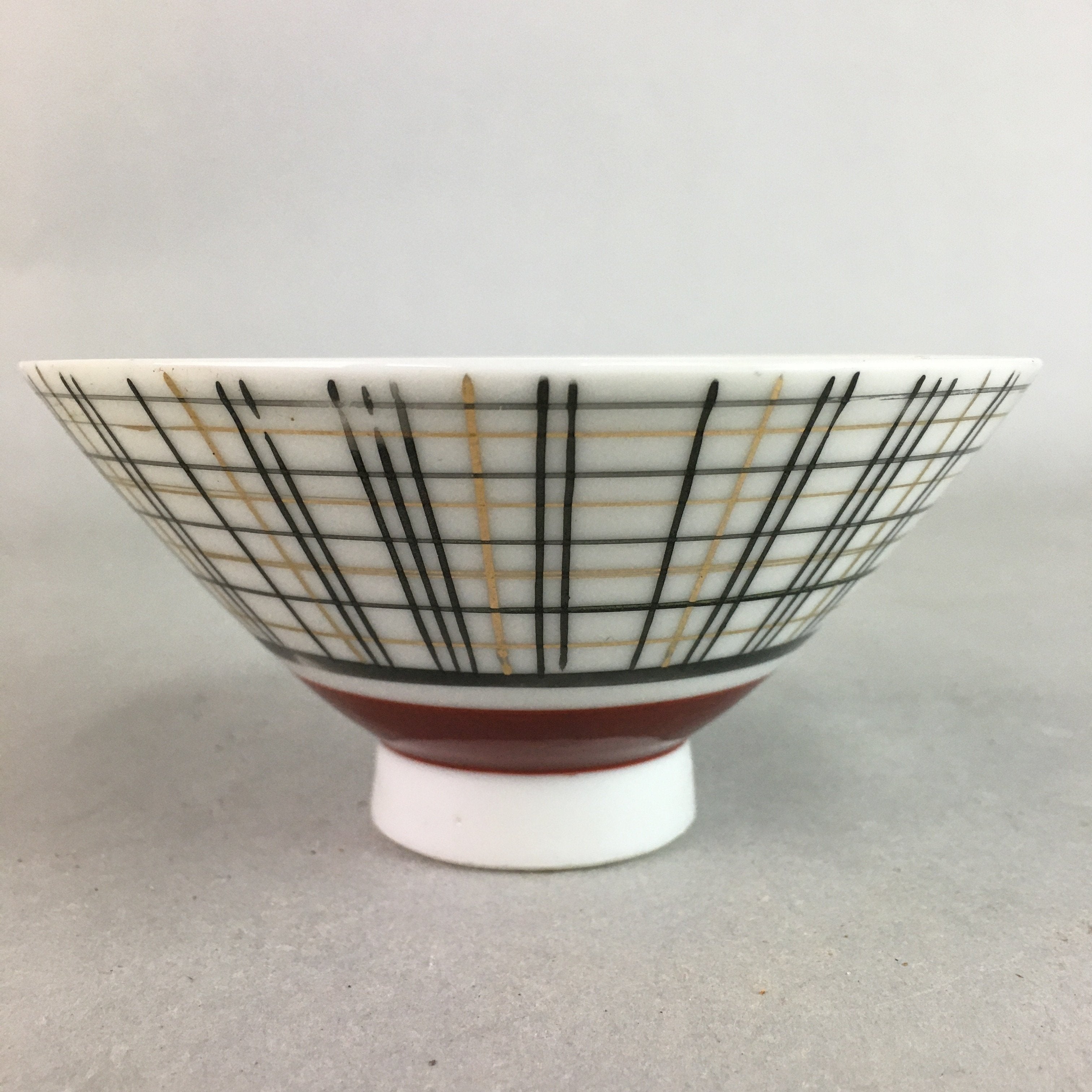 Japanese Porcelain Rice Bowl Vtg Chawan Plaid Black Gold Red PP282
