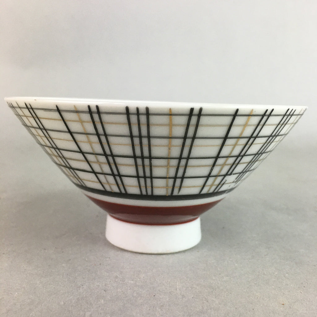 Japanese Porcelain Rice Bowl Vtg Chawan Plaid Black Gold Red PP282