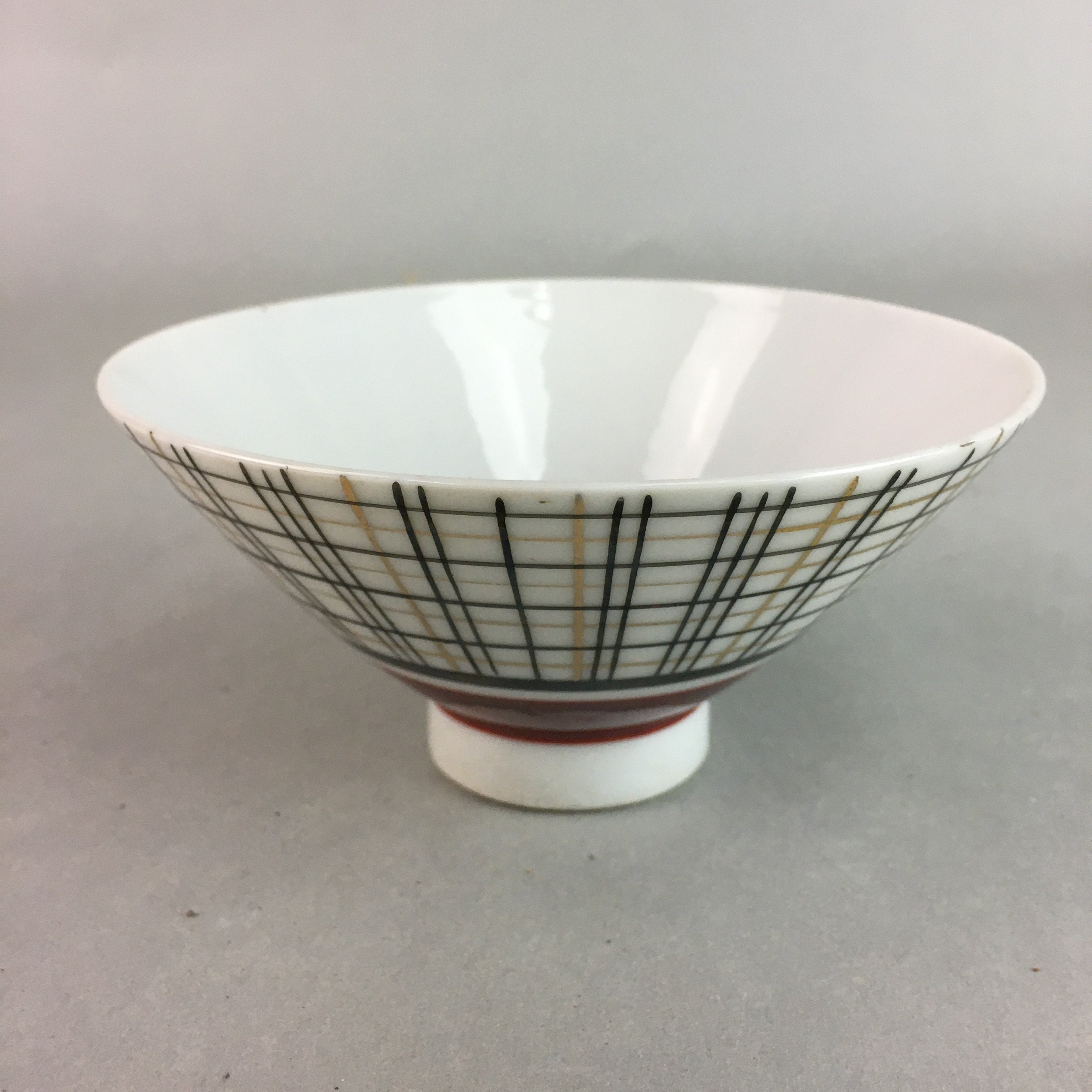 Japanese Porcelain Rice Bowl Vtg Chawan Plaid Black Gold Red PP283