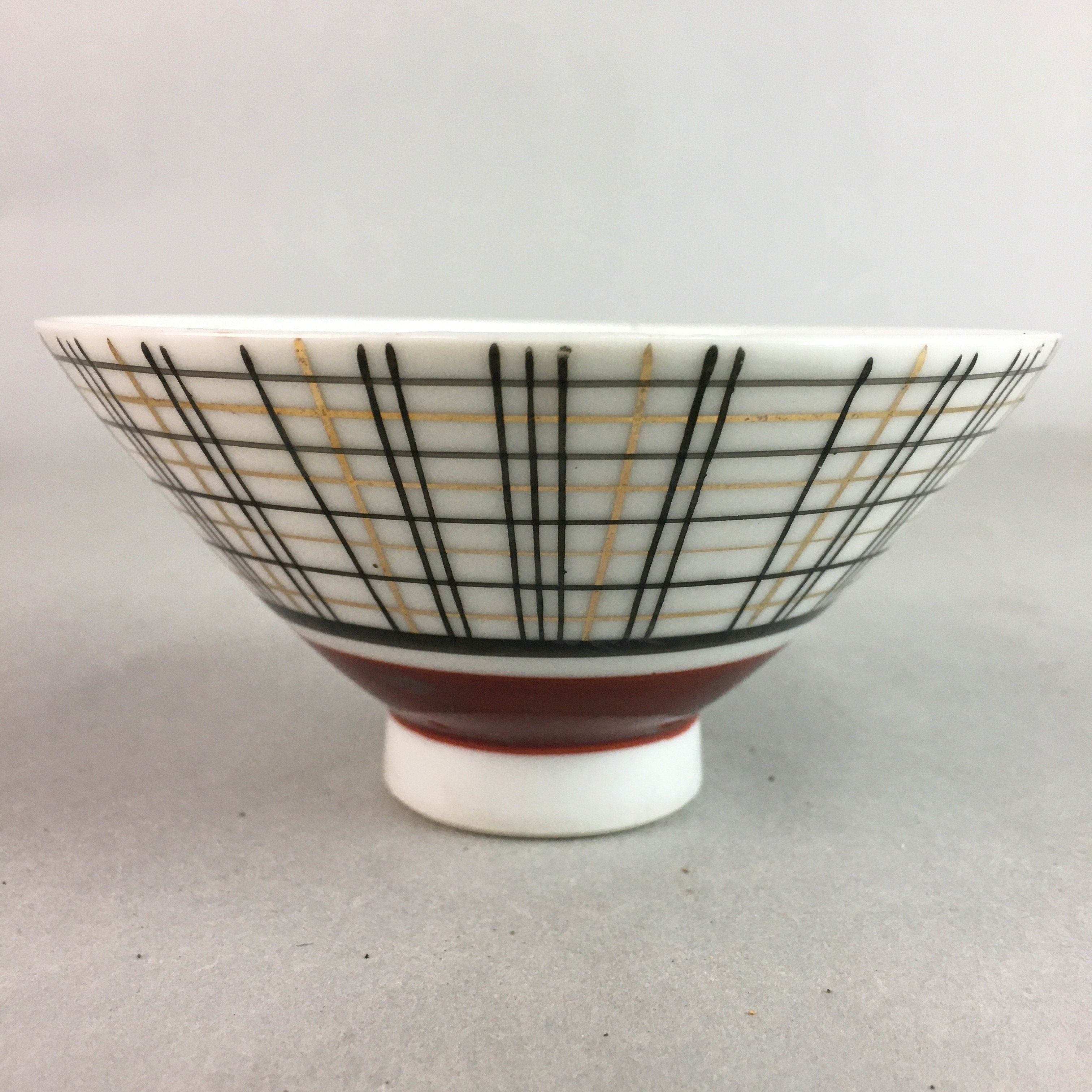 Japanese Porcelain Rice Bowl Vtg Chawan Plaid Black Gold Red PP283