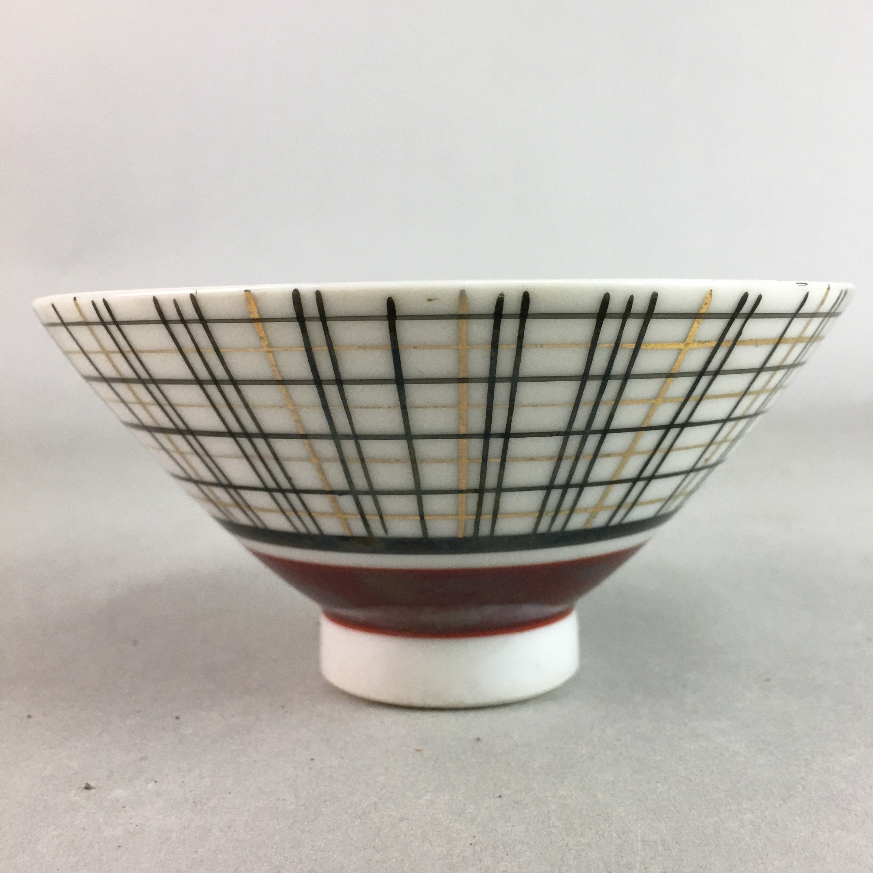 Japanese Porcelain Rice Bowl Vtg Chawan Plaid Black Gold Red PP283