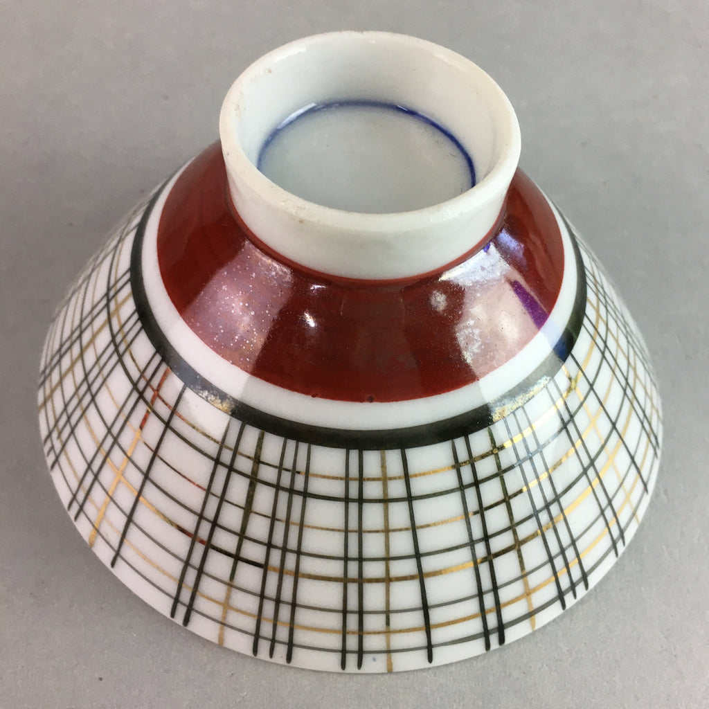 Japanese Porcelain Rice Bowl Vtg Chawan Plaid Black Gold Red PP284