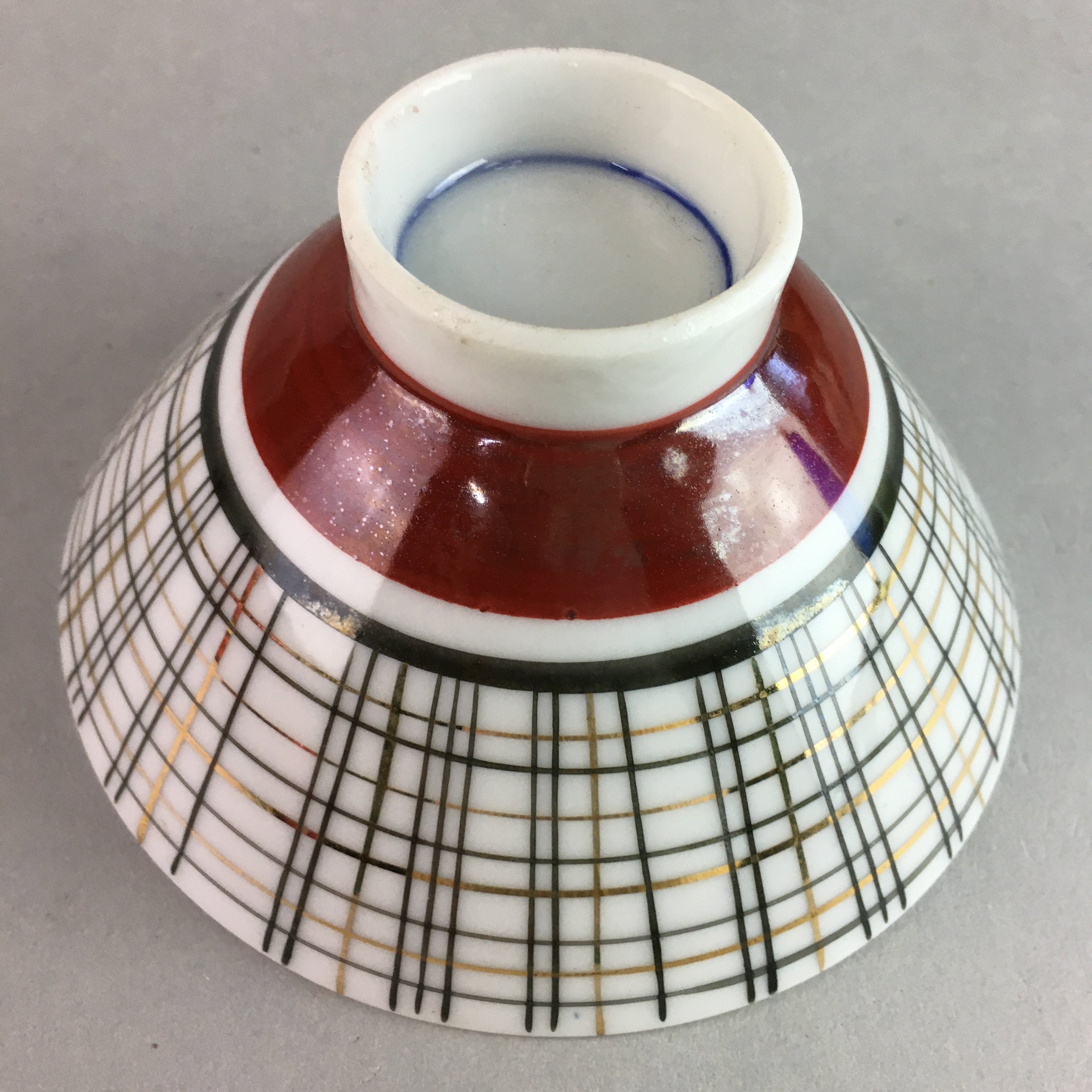 Japanese Porcelain Rice Bowl Vtg Chawan Plaid Black Gold Red PP284