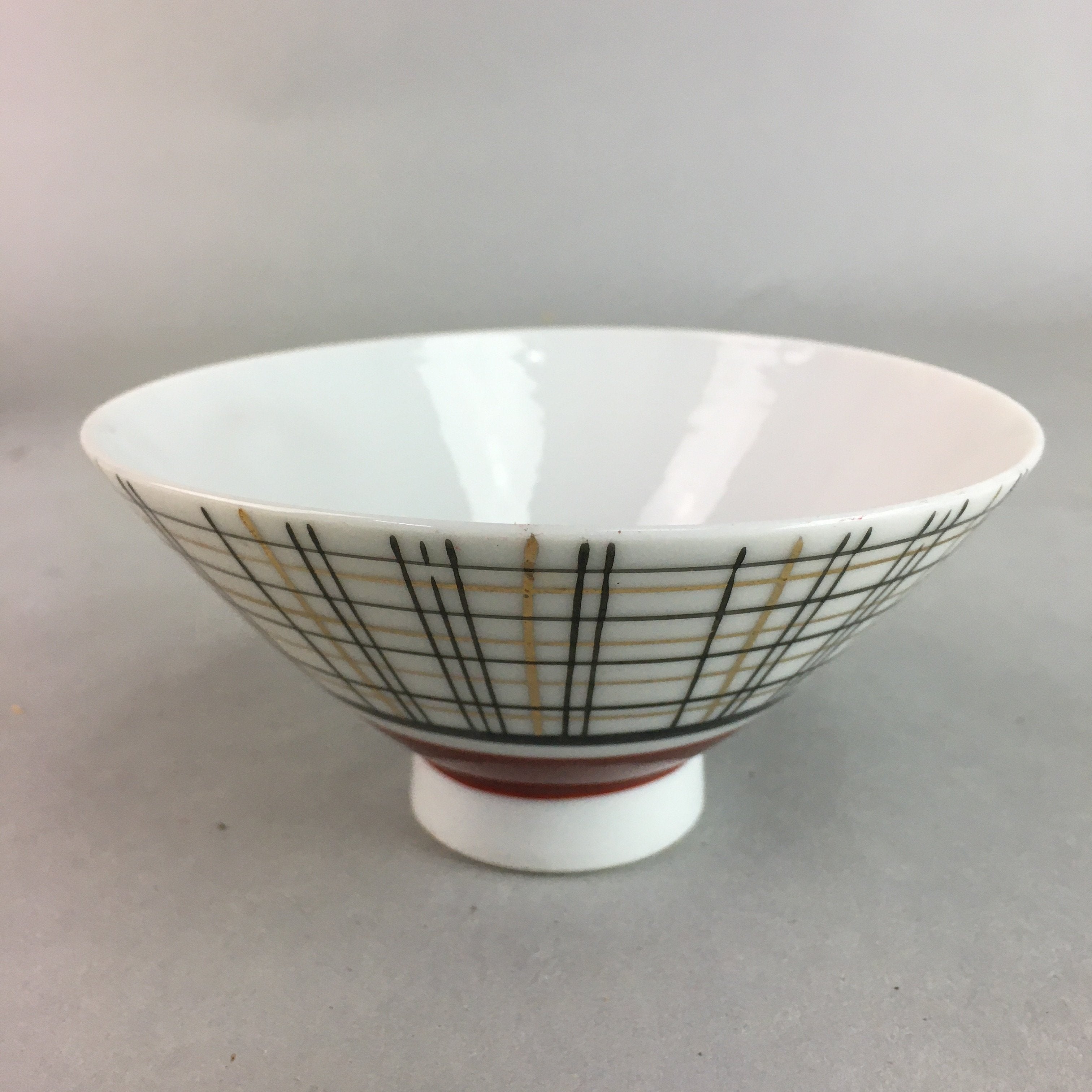 Japanese Porcelain Rice Bowl Vtg Chawan Plaid Black Gold Red PP284