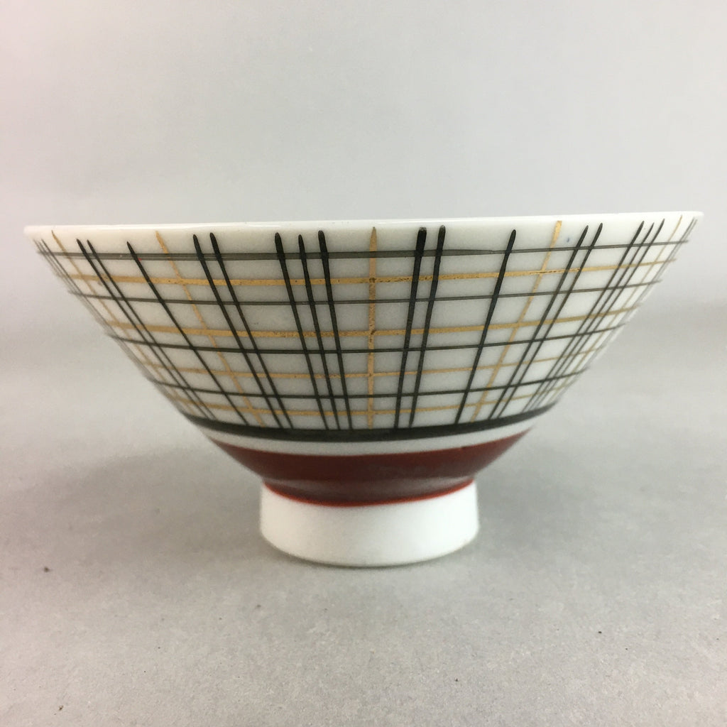 Japanese Porcelain Rice Bowl Vtg Chawan Plaid Black Gold Red PP284