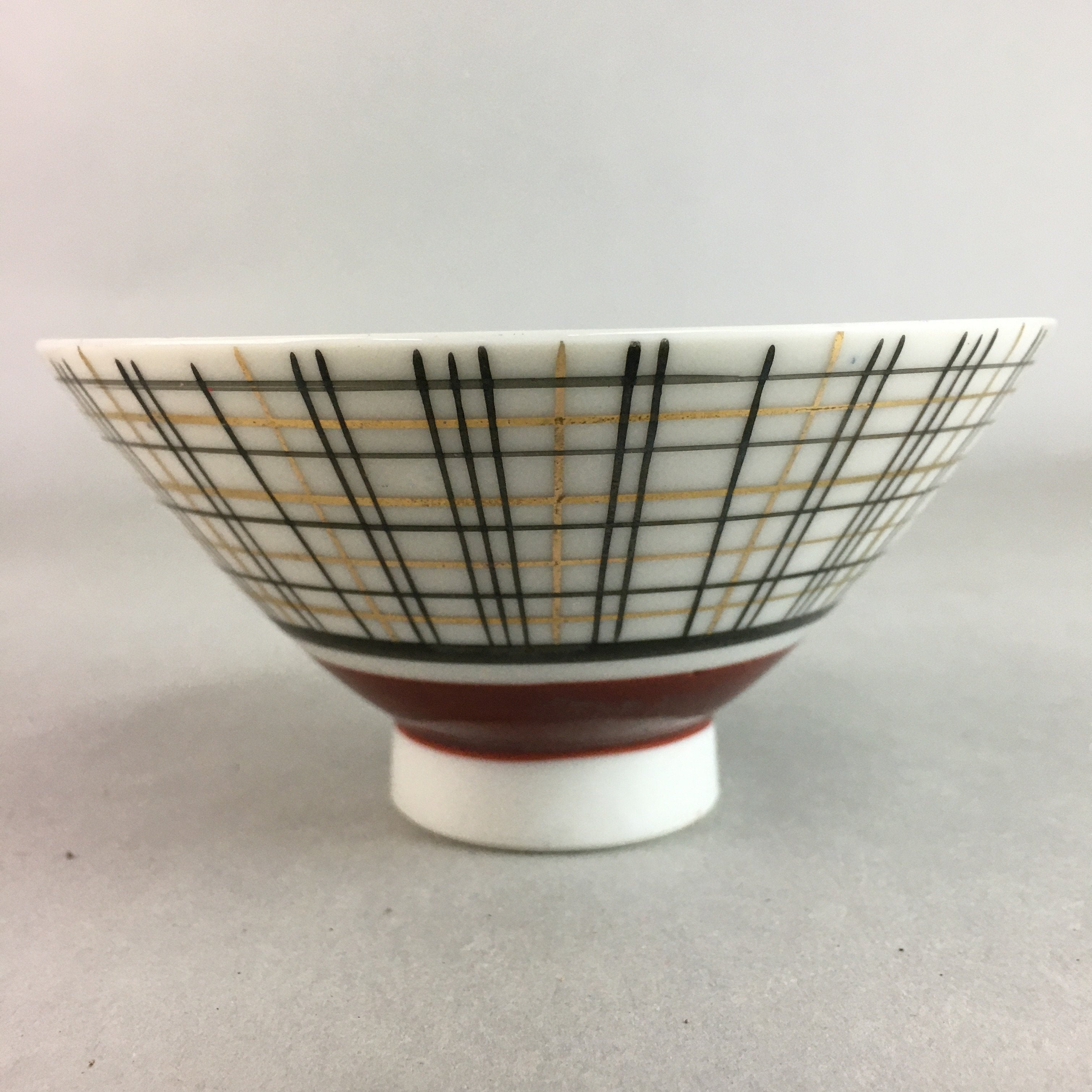 Japanese Porcelain Rice Bowl Vtg Chawan Plaid Black Gold Red PP284