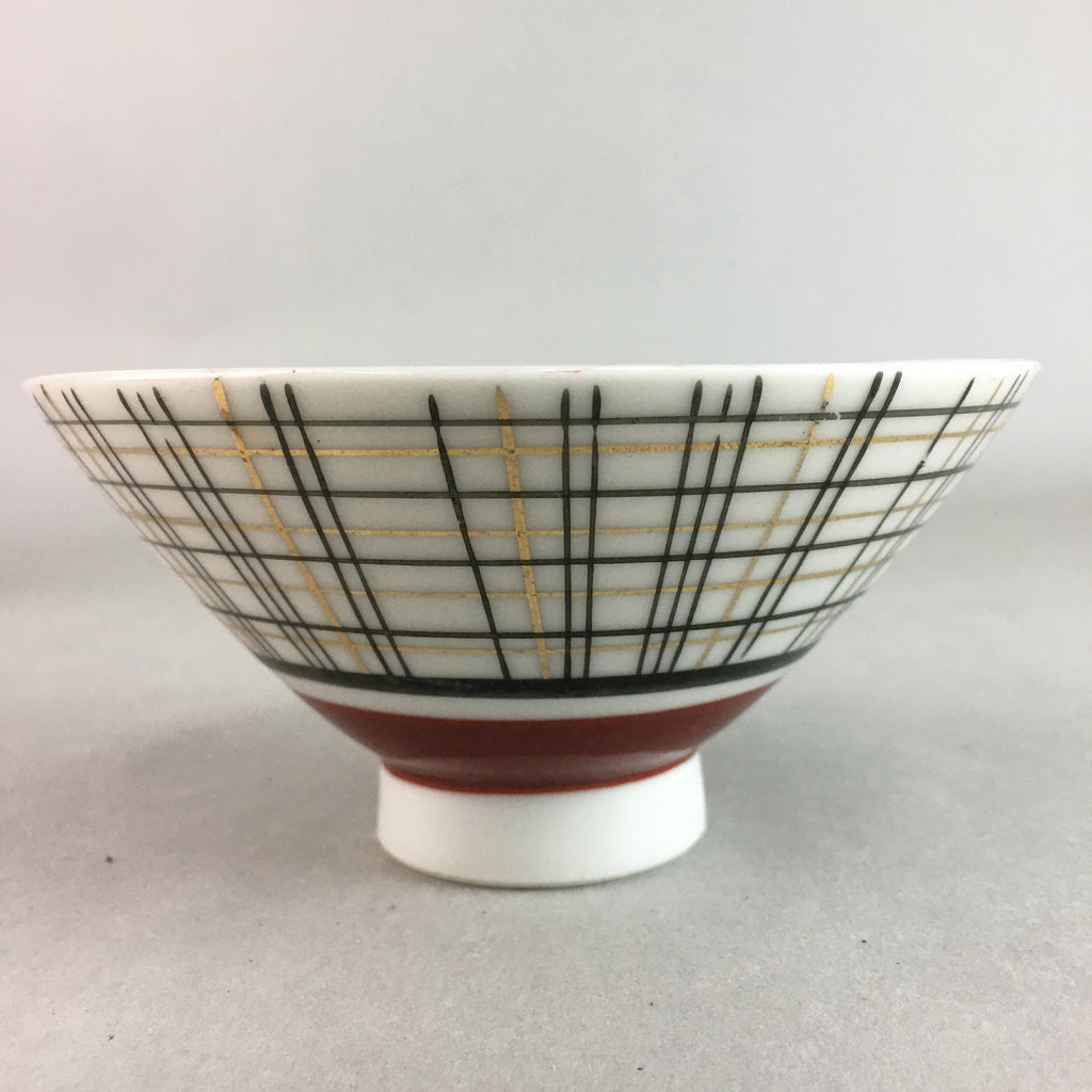Japanese Porcelain Rice Bowl Vtg Chawan Plaid Black Gold Red PP284