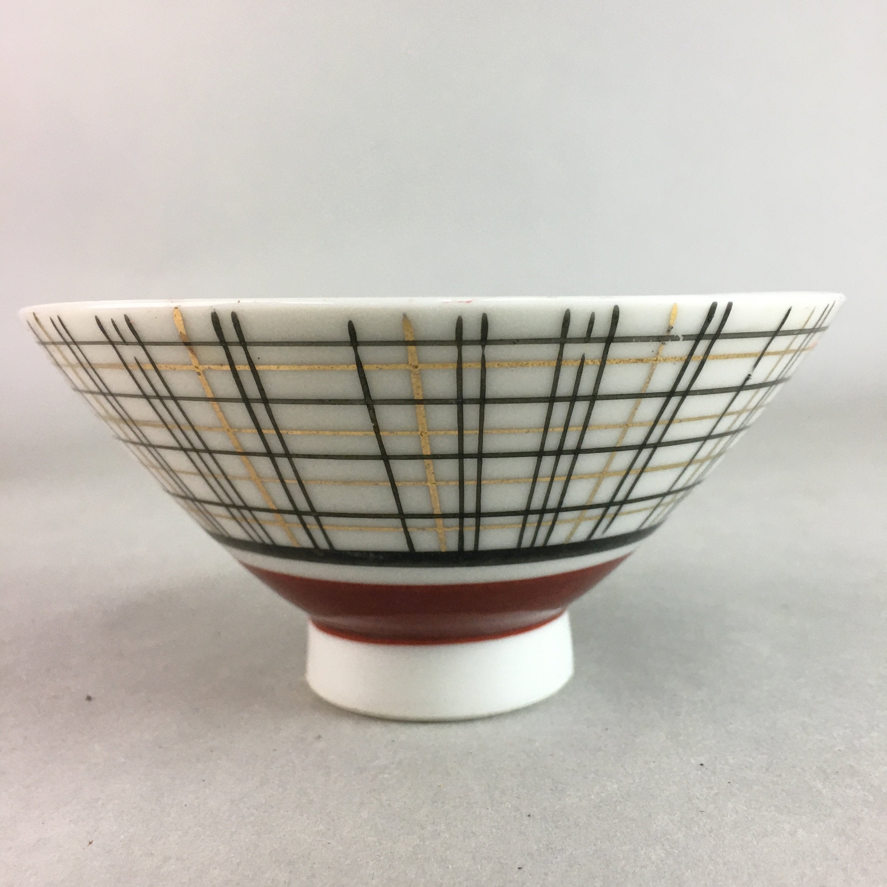 Japanese Porcelain Rice Bowl Vtg Chawan Plaid Black Gold Red PP284