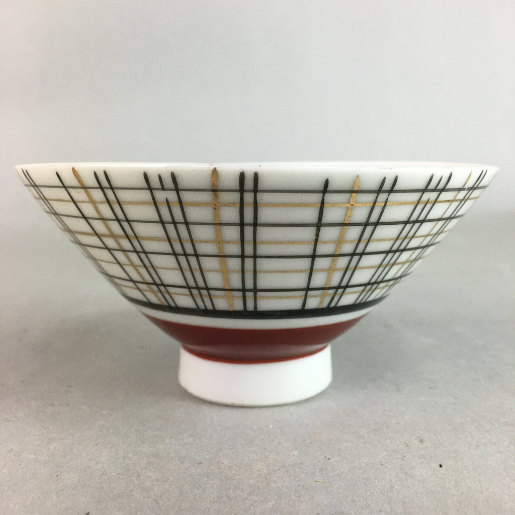 Japanese Porcelain Rice Bowl Vtg Chawan Plaid Black Gold Red PP284