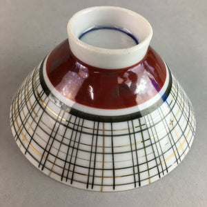 Japanese Porcelain Rice Bowl Vtg Chawan Plaid Black Gold Red PP285