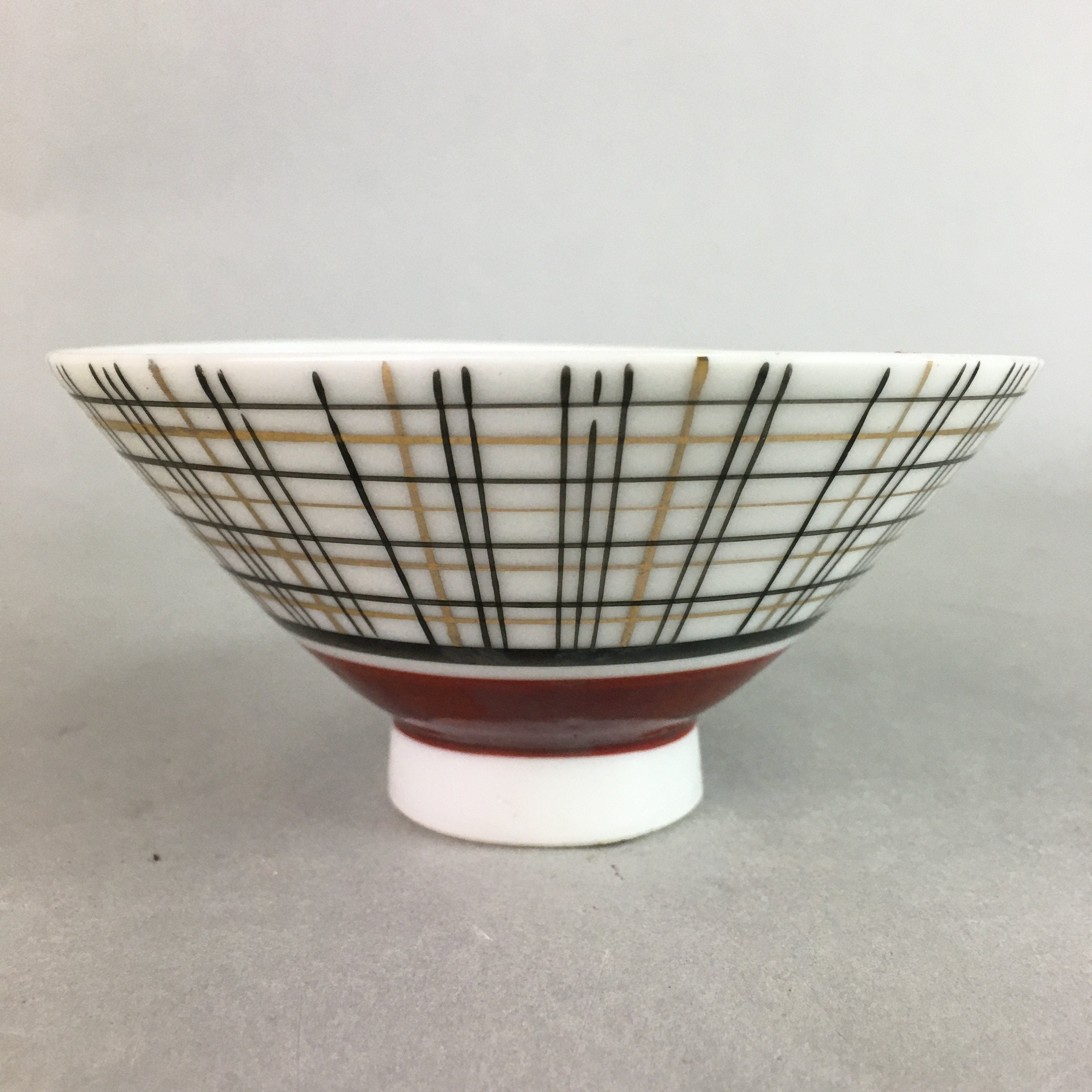 Japanese Porcelain Rice Bowl Vtg Chawan Plaid Black Gold Red PP285