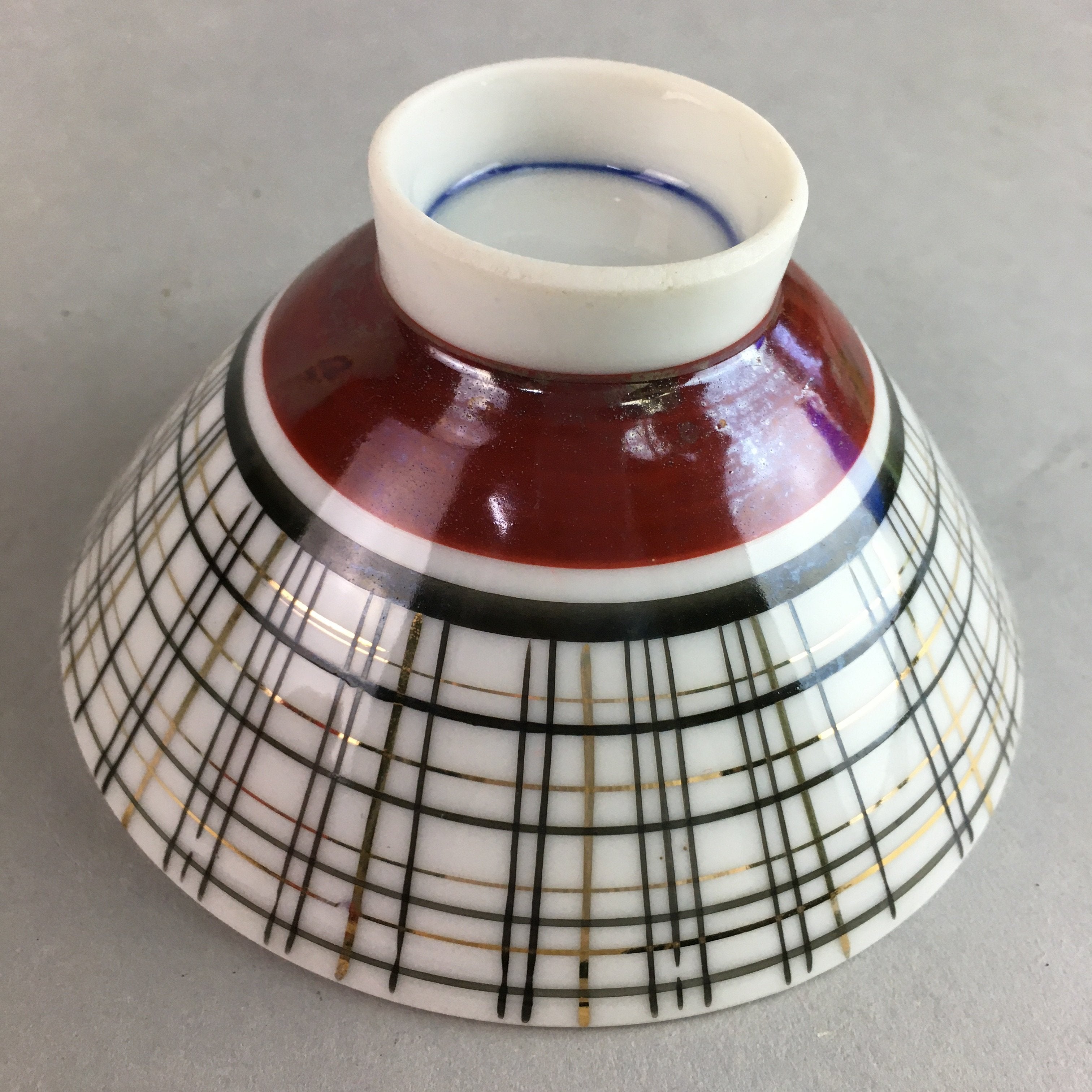 Japanese Porcelain Rice Bowl Vtg Chawan Plaid Black Gold Red PP286