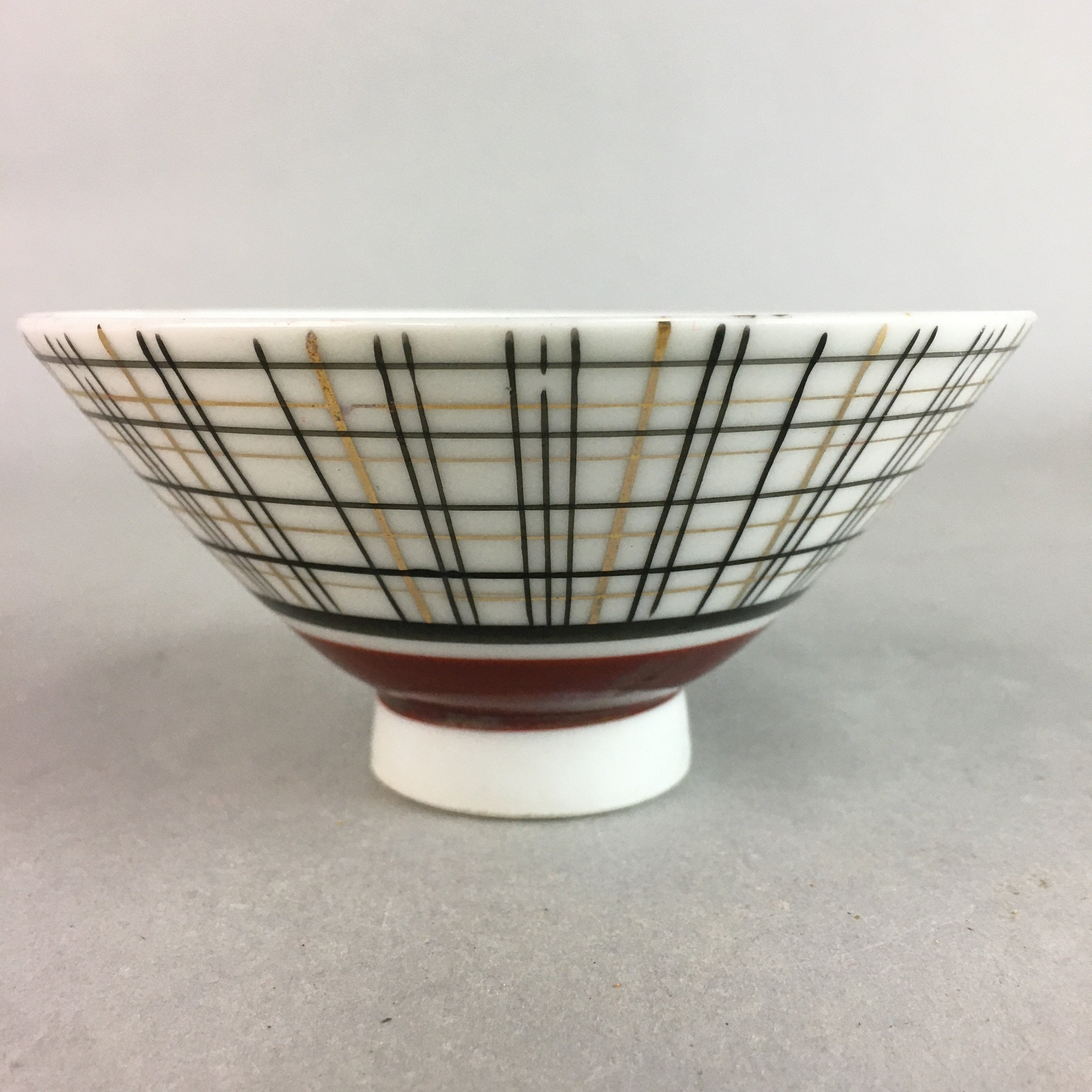 Japanese Porcelain Rice Bowl Vtg Chawan Plaid Black Gold Red PP286