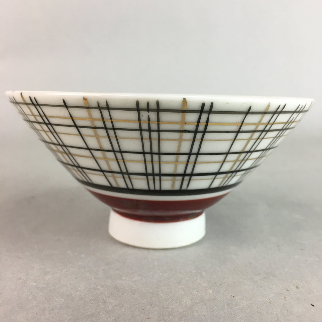 Japanese Porcelain Rice Bowl Vtg Chawan Plaid Black Gold Red PP286