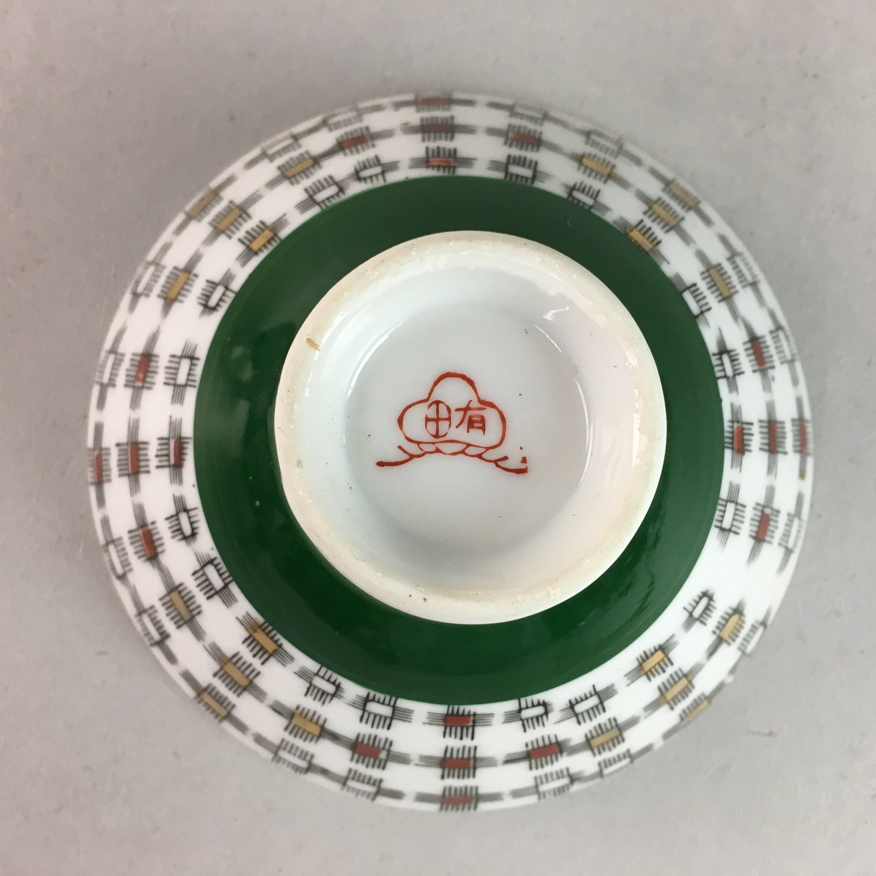 Japanese Porcelain Rice Bowl Vtg Chawan Plus Sign Plaid Gold Green Arita PP193