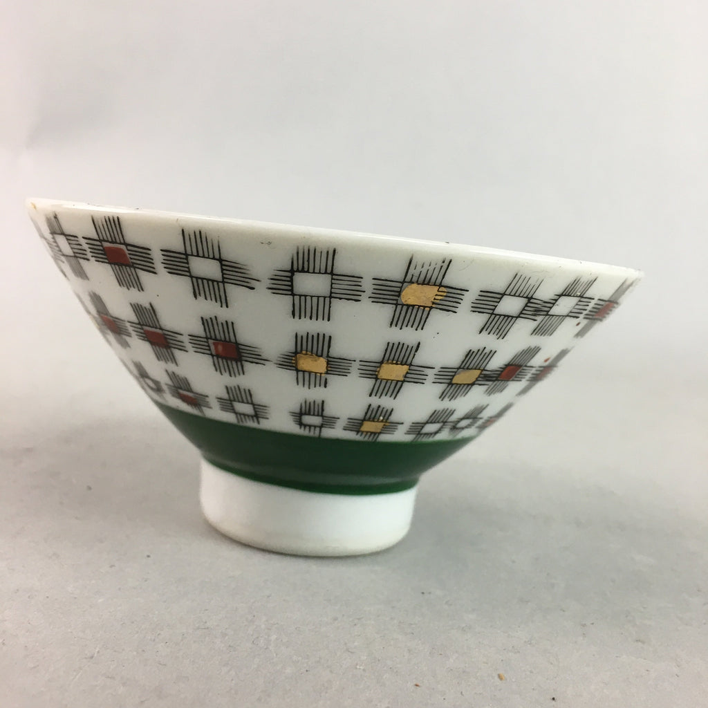 Japanese Porcelain Rice Bowl Vtg Chawan Plus Sign Plaid Gold Green Arita PP193