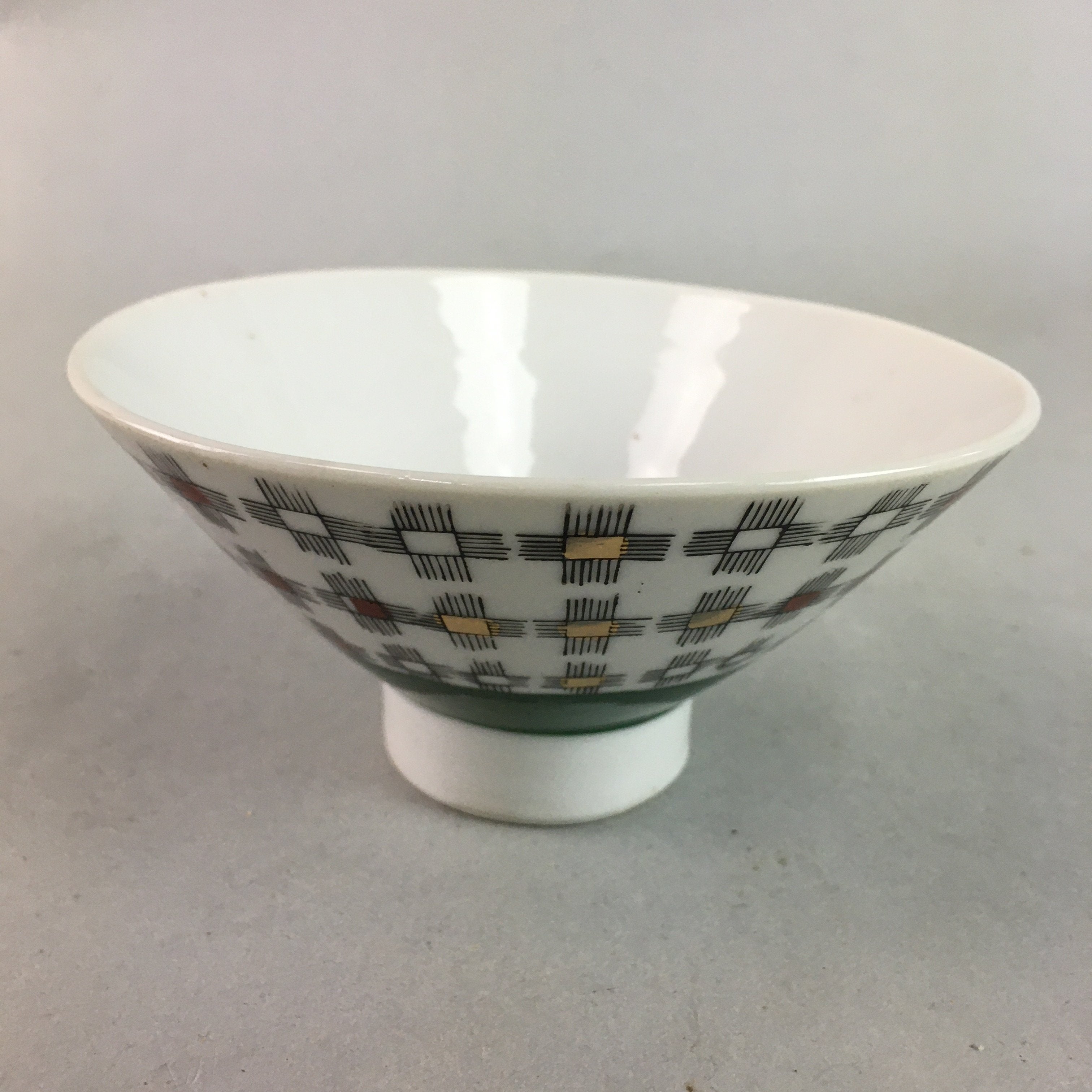 Japanese Porcelain Rice Bowl Vtg Chawan Plus Sign Plaid Gold Green Arita PP194