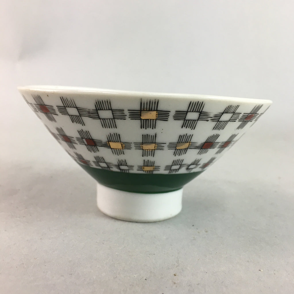 Japanese Porcelain Rice Bowl Vtg Chawan Plus Sign Plaid Gold Green Arita PP194