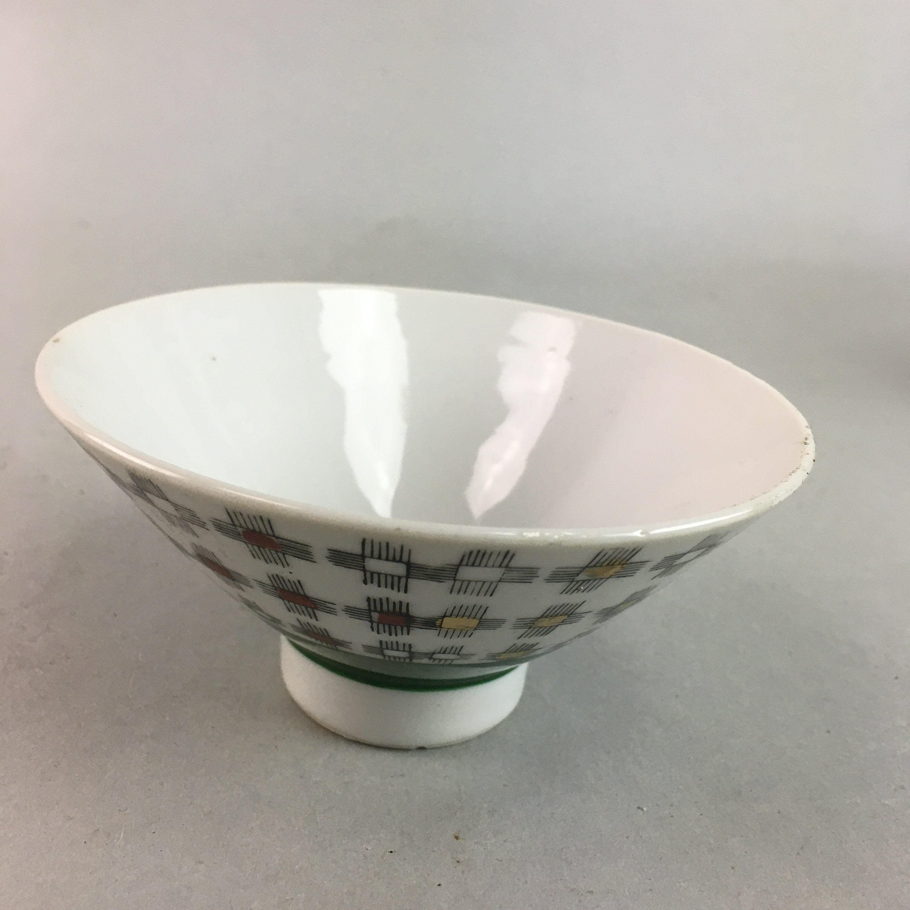 Japanese Porcelain Rice Bowl Vtg Chawan Plus Sign Plaid Gold Green Arita PP195