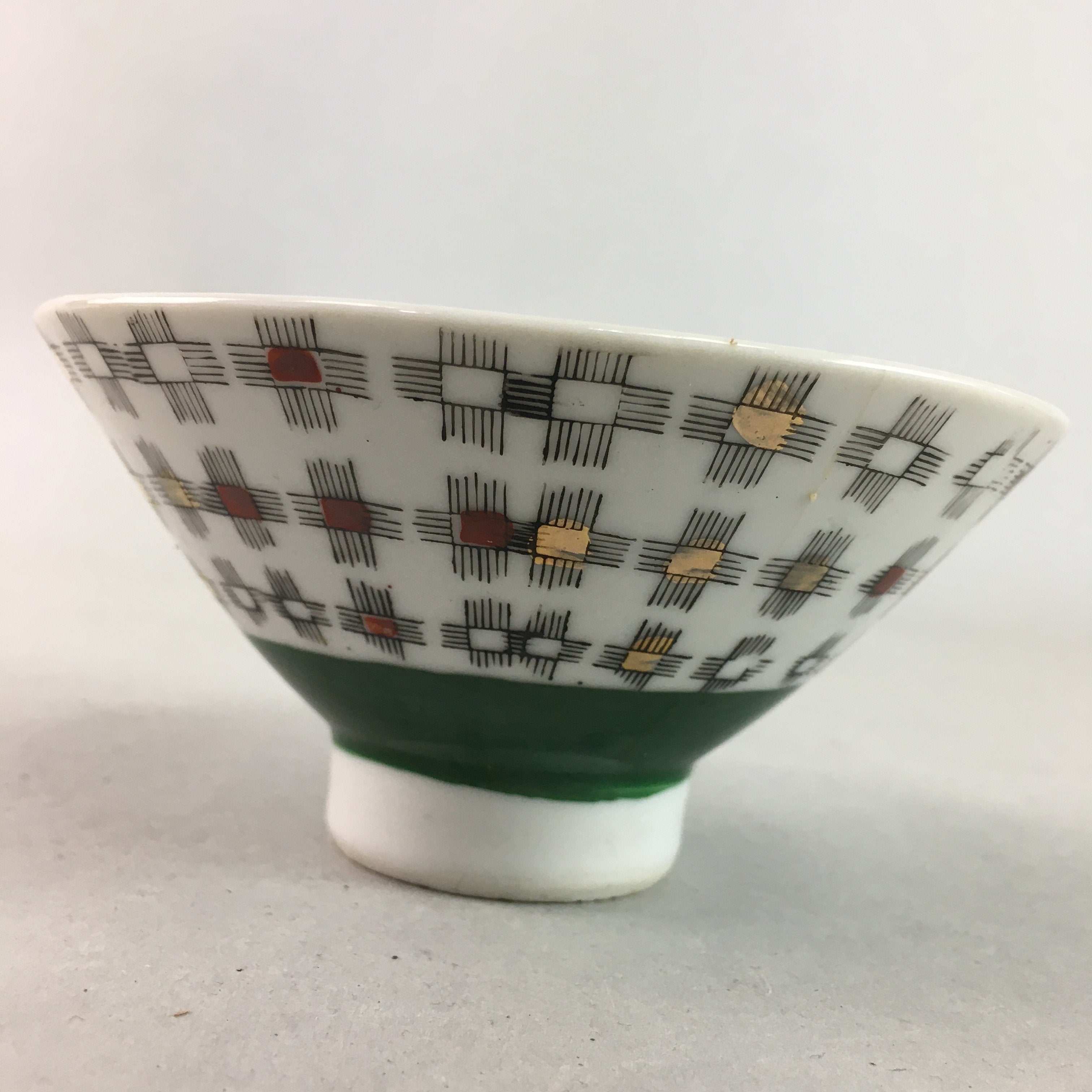 Japanese Porcelain Rice Bowl Vtg Chawan Plus Sign Plaid Gold Green Arita PP195