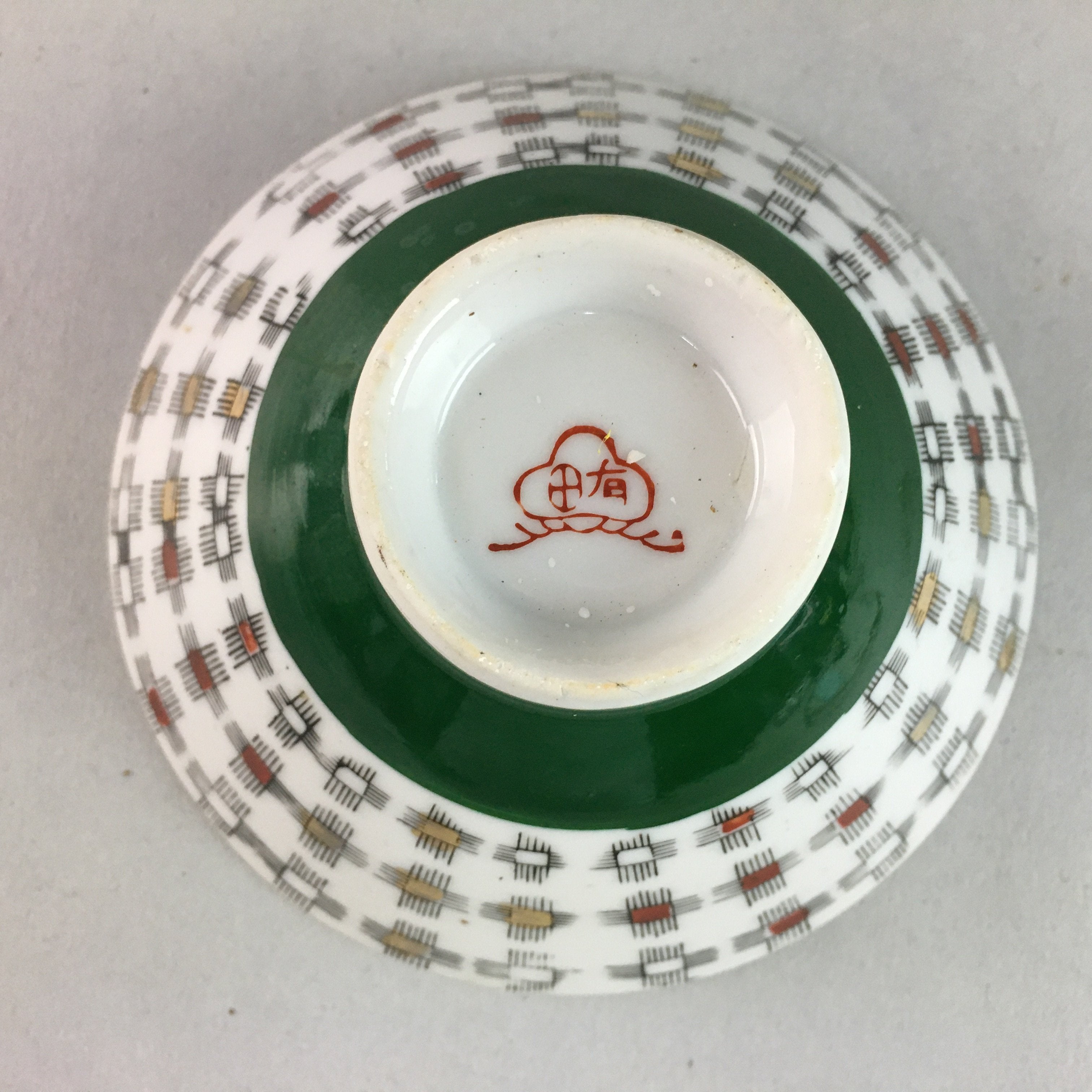 Japanese Porcelain Rice Bowl Vtg Chawan Plus Sign Plaid Gold Green Arita PP195