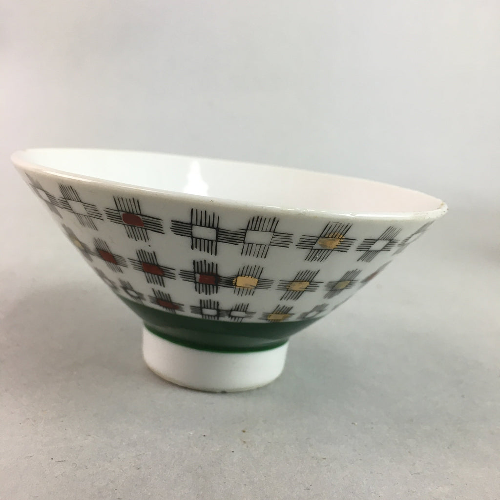 Japanese Porcelain Rice Bowl Vtg Chawan Plus Sign Plaid Gold Green Arita PP195