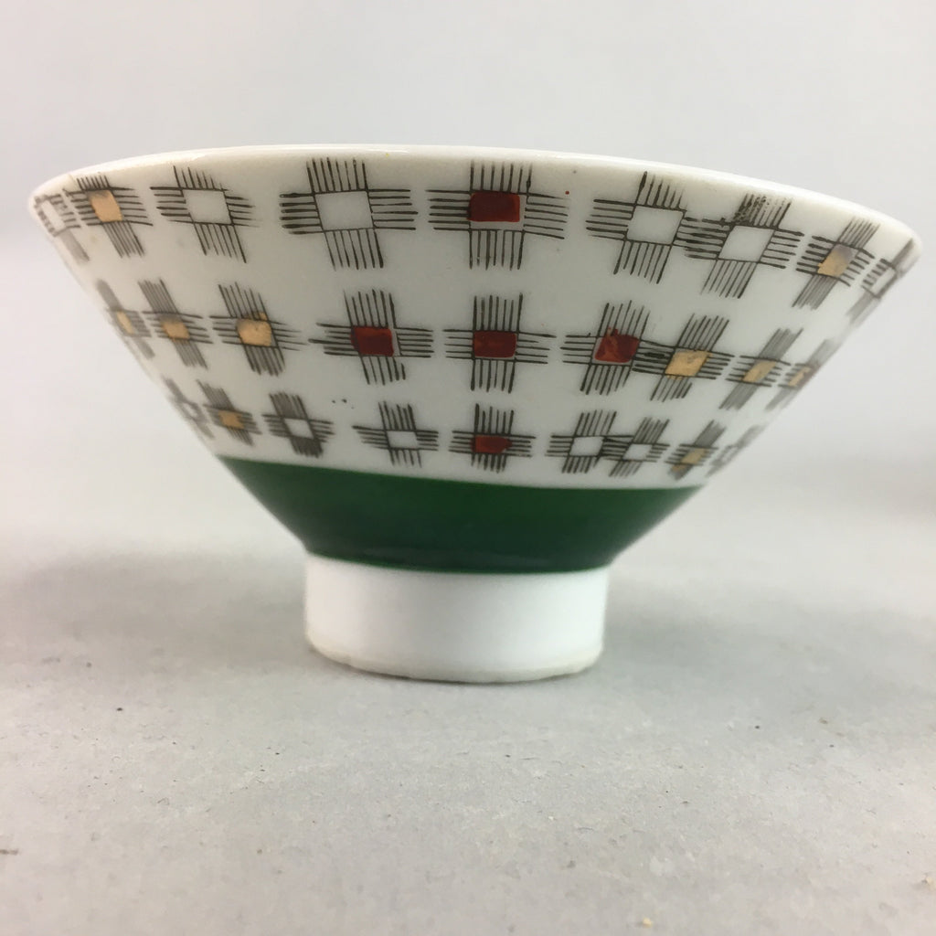 Japanese Porcelain Rice Bowl Vtg Chawan Plus Sign Plaid Gold Green Arita PP196
