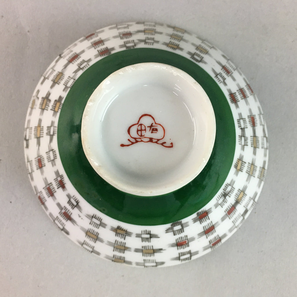 Japanese Porcelain Rice Bowl Vtg Chawan Plus Sign Plaid Gold Green Arita PP196