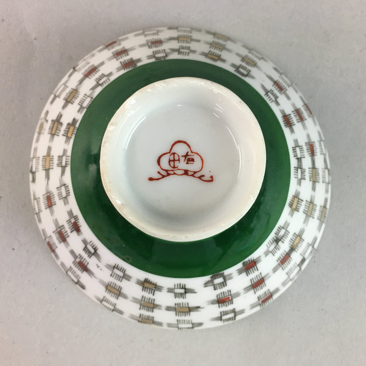 Japanese Porcelain Rice Bowl Vtg Chawan Plus Sign Plaid Gold Green Arita PP196