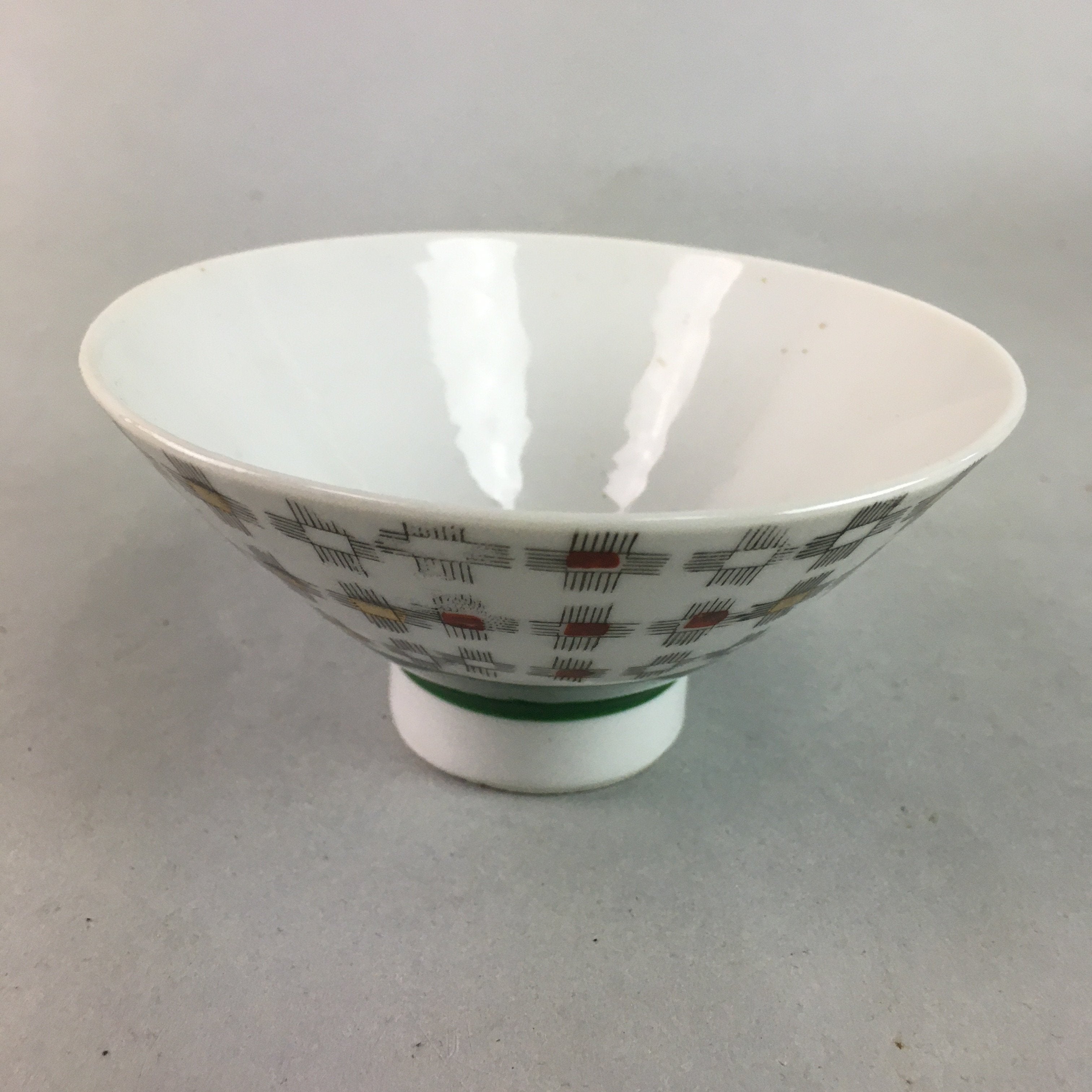 Japanese Porcelain Rice Bowl Vtg Chawan Plus Sign Plaid Gold Green Arita PP197