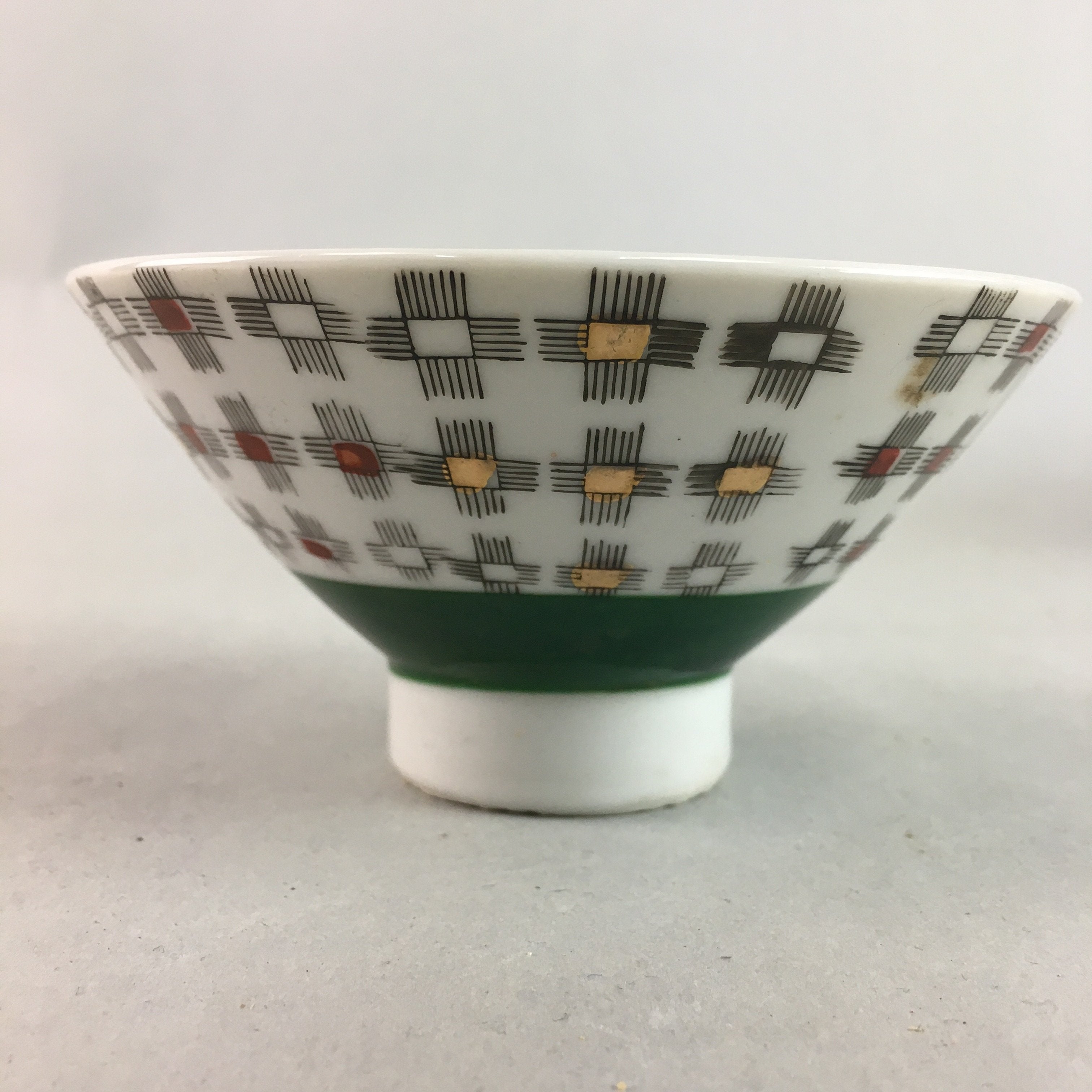 Japanese Porcelain Rice Bowl Vtg Chawan Plus Sign Plaid Gold Green Arita PP197